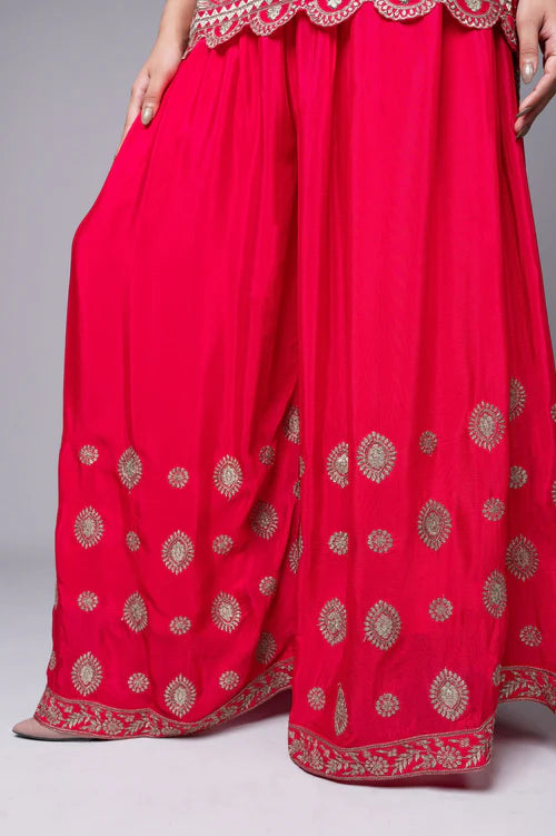 Rani Pink Crepe Kurta Sharara Set with Golden Zari Embroidery