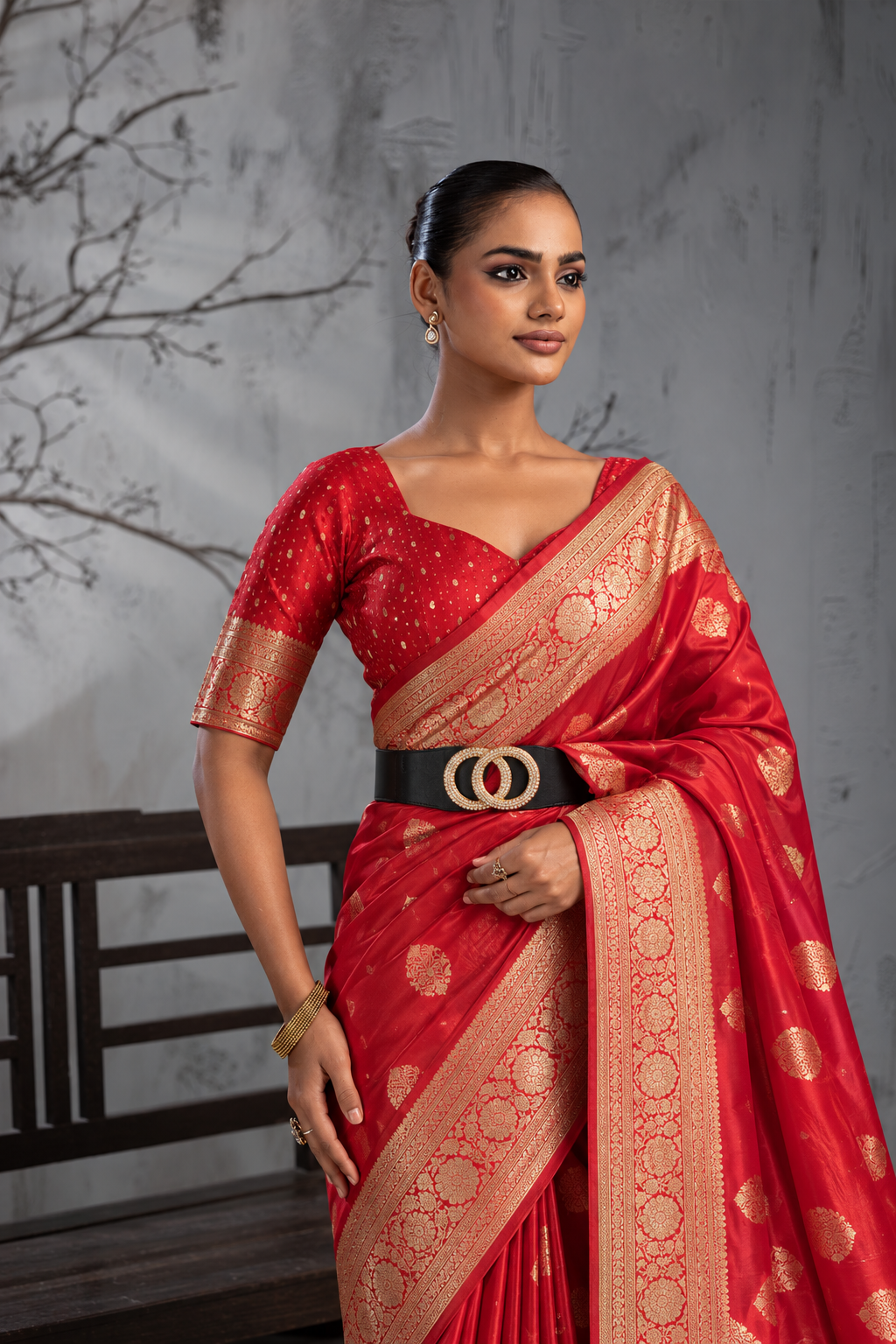 Red Sattin Mungha Silk Saree with banarasi border