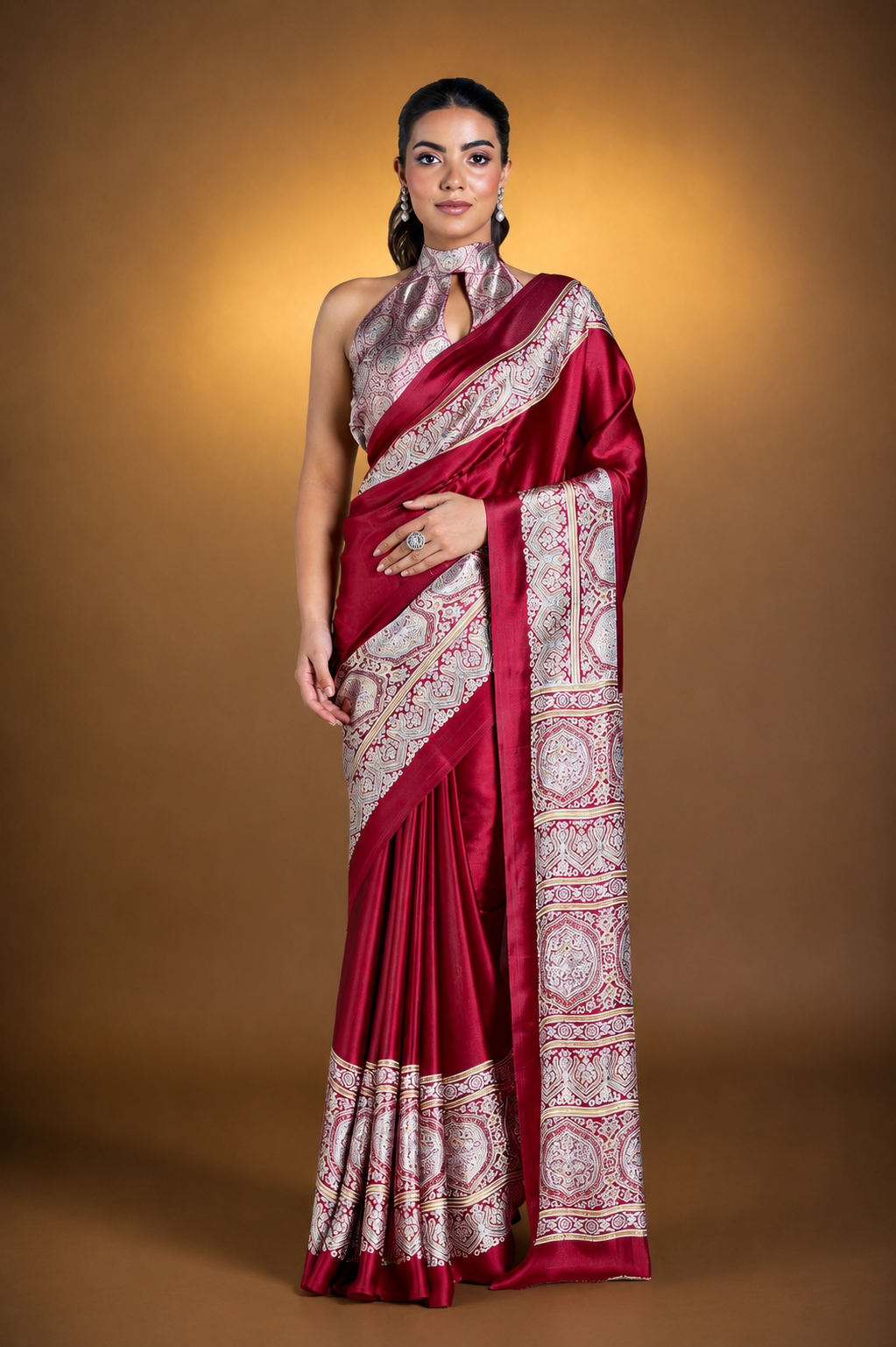 Maroon Pure Satin Modal Silk Saree with Ajrakh Print