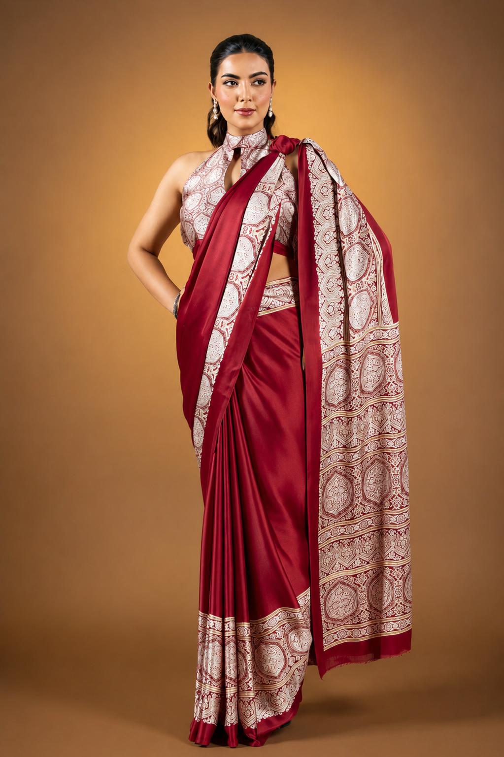Maroon Pure Satin Modal Silk Saree with Ajrakh Print