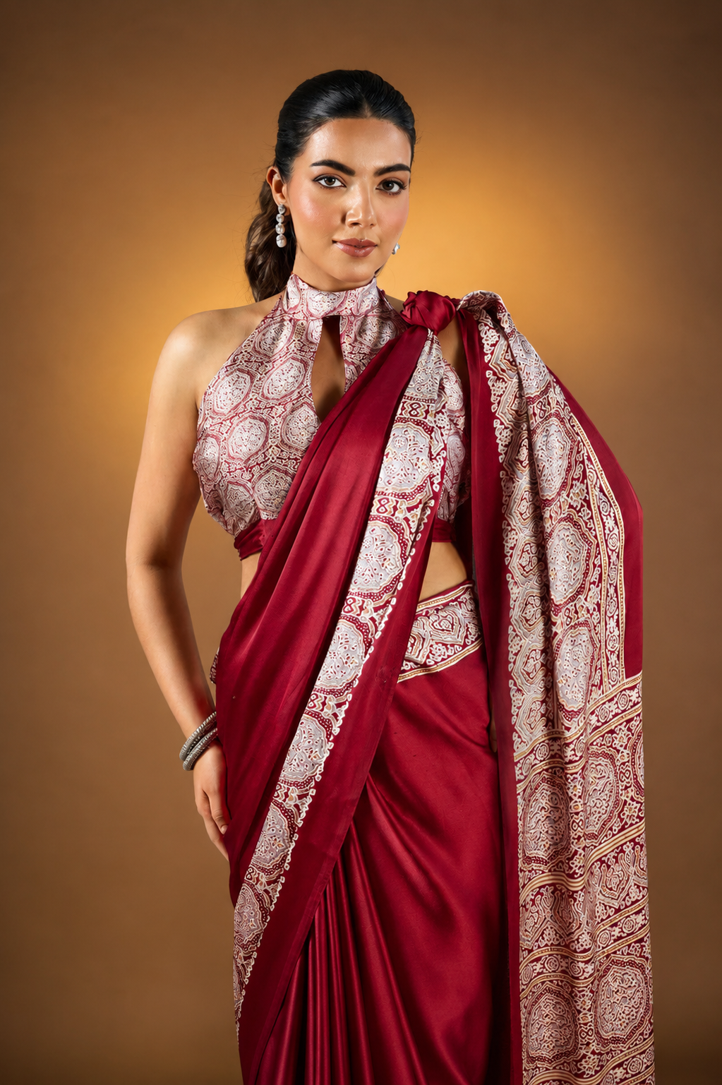 Maroon Pure Satin Modal Silk Saree with Ajrakh Print