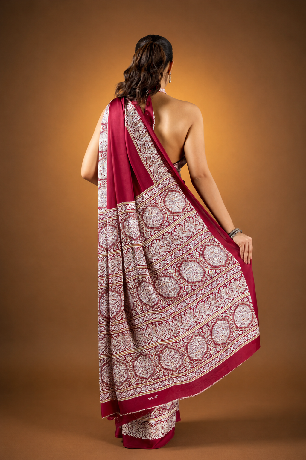 Maroon Pure Satin Modal Silk Saree with Ajrakh Print