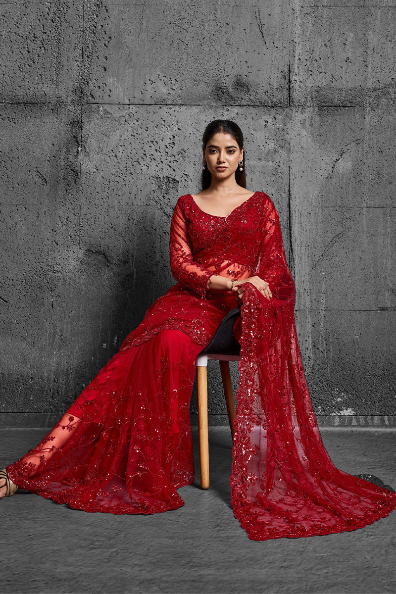 Red Net Saree With Sequin Hand Embroidery with Stitched Blouse