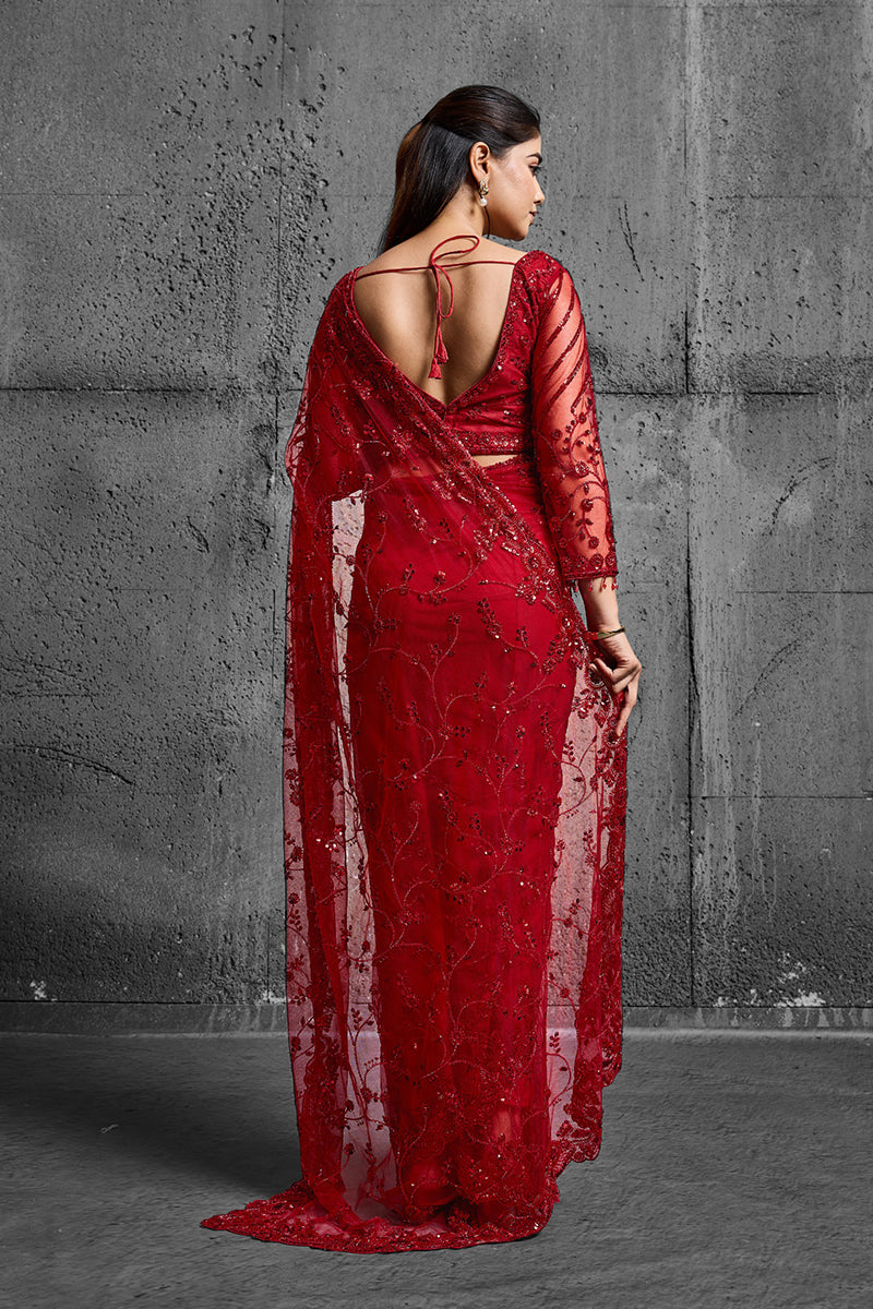 Red Net Saree With Sequin Hand Embroidery with Stitched Blouse