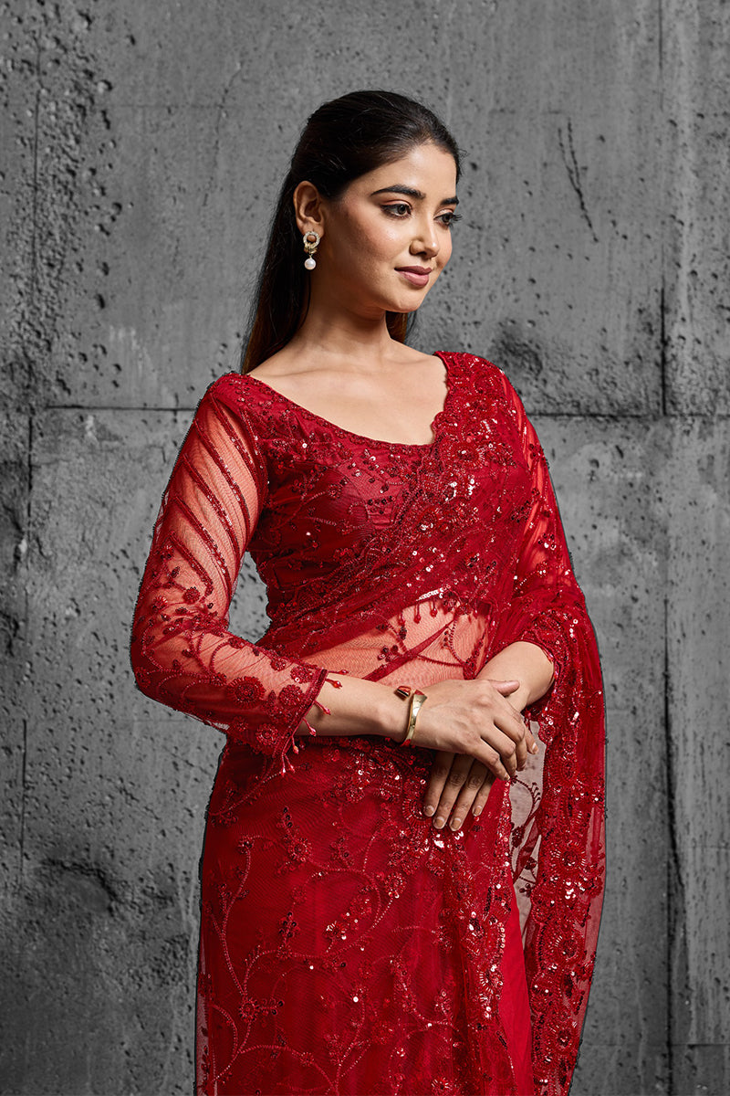 Red Net Saree With Sequin Hand Embroidery with Stitched Blouse