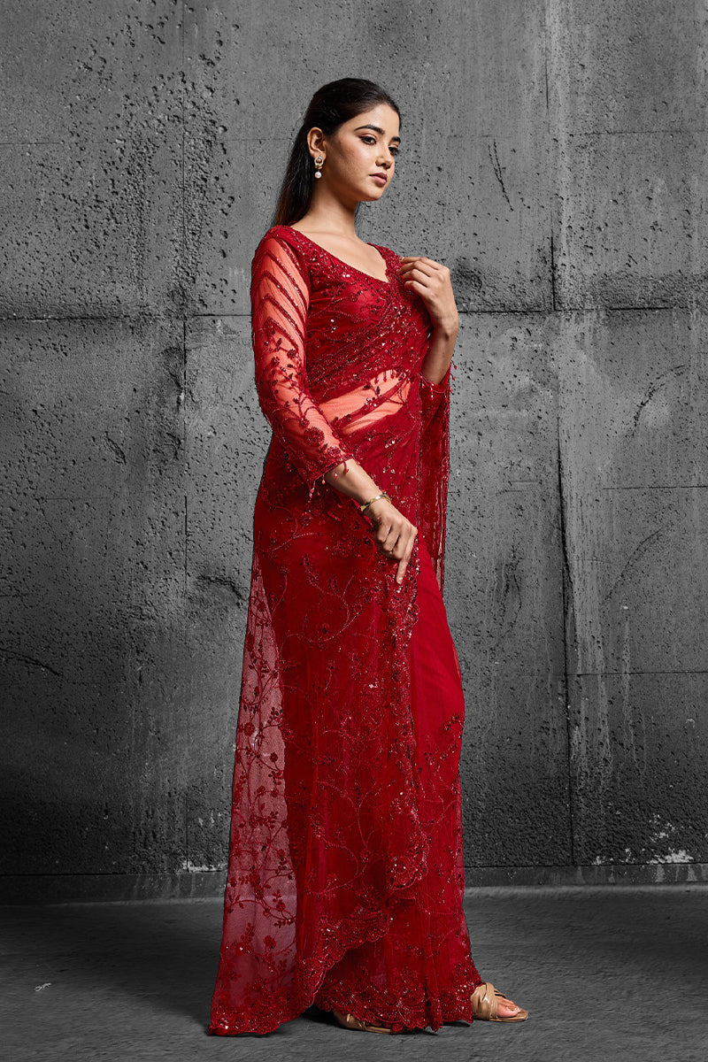 Red Net Saree With Sequin Hand Embroidery with Stitched Blouse