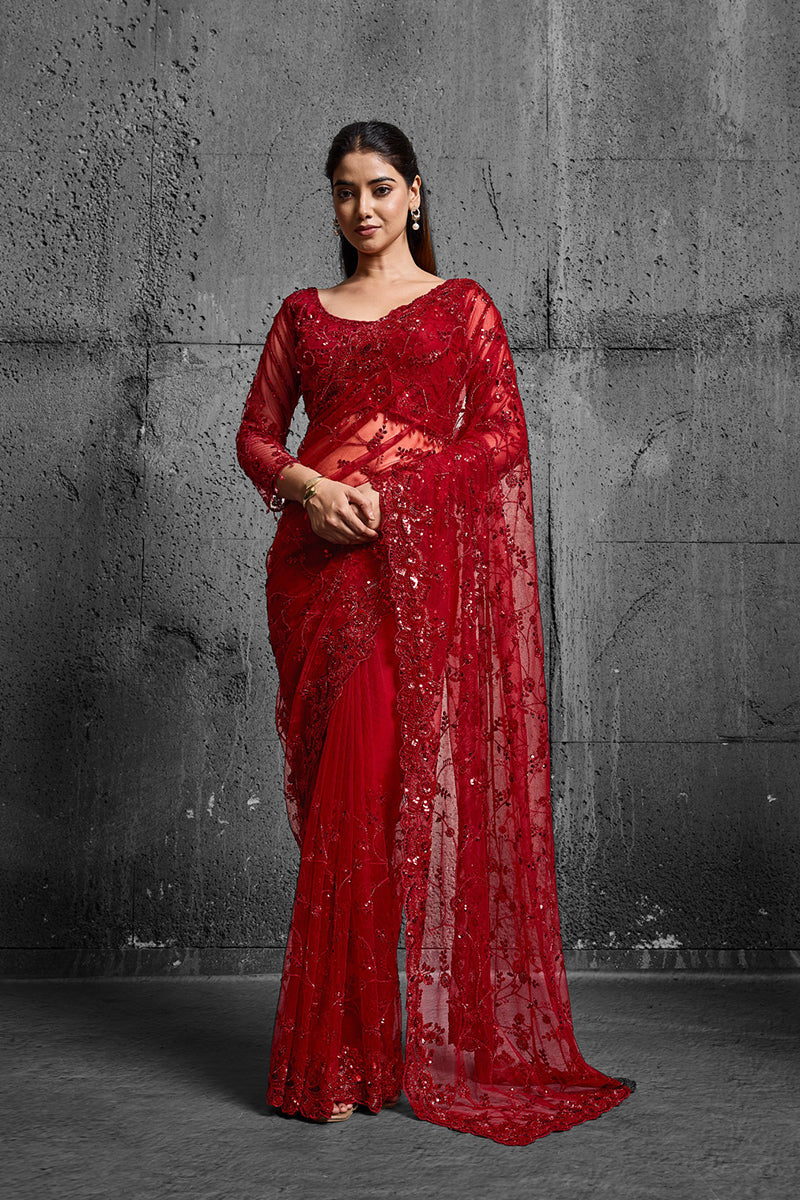 Red Net Saree With Sequin Hand Embroidery with Stitched Blouse