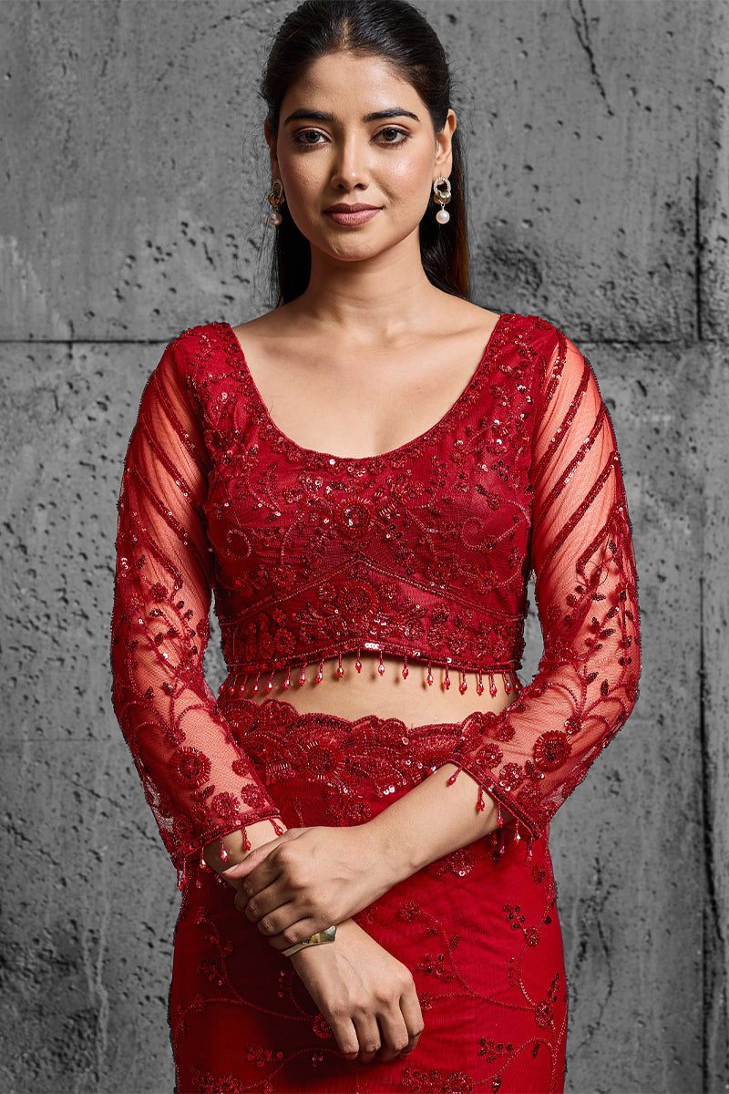 Red Net Saree With Sequin Hand Embroidery with Stitched Blouse
