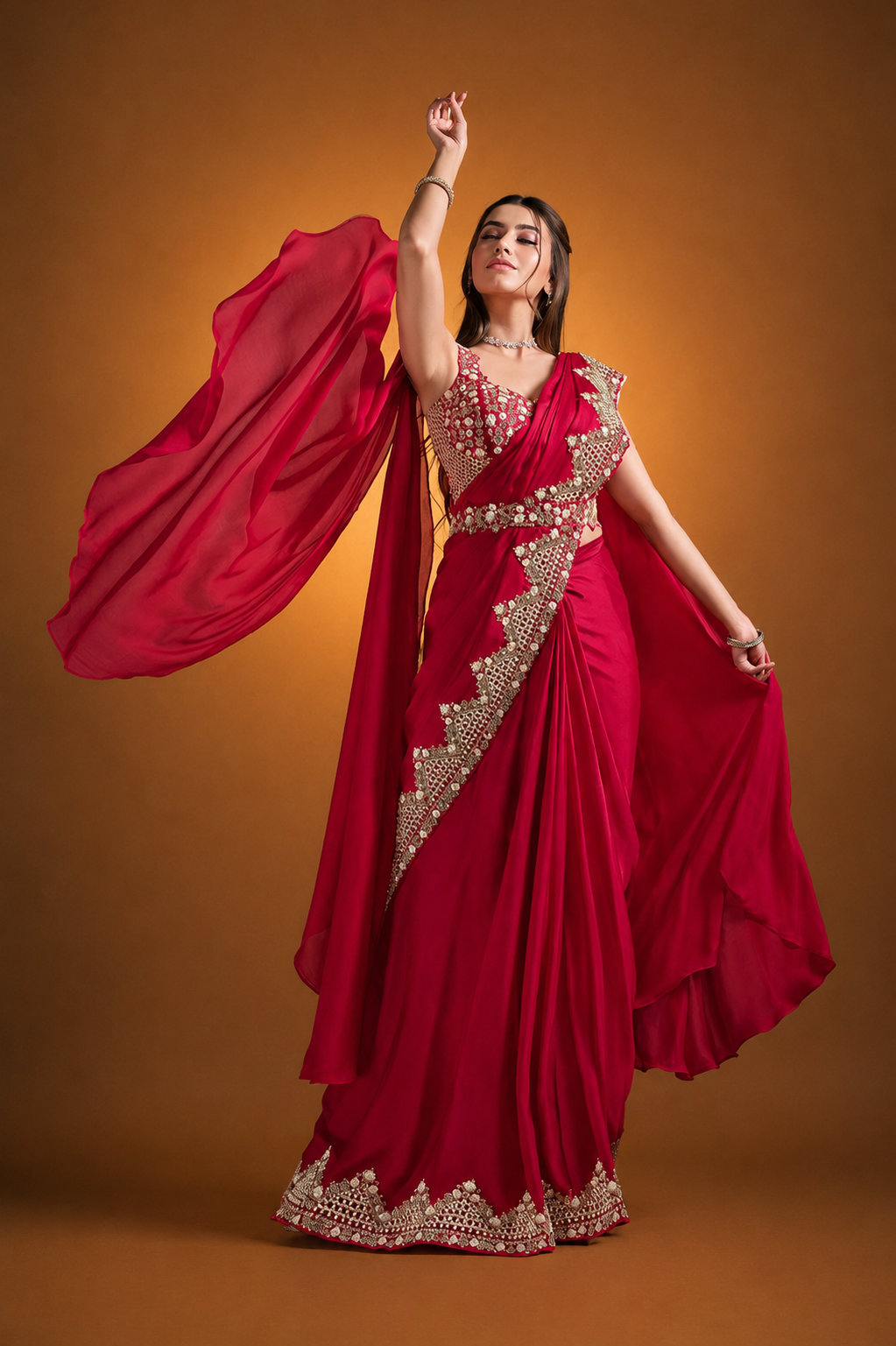 MAYRAKE Deep Rani Pink Ready-to-Wear Crepe Satin Silk Saree with Sequins & Moti Work