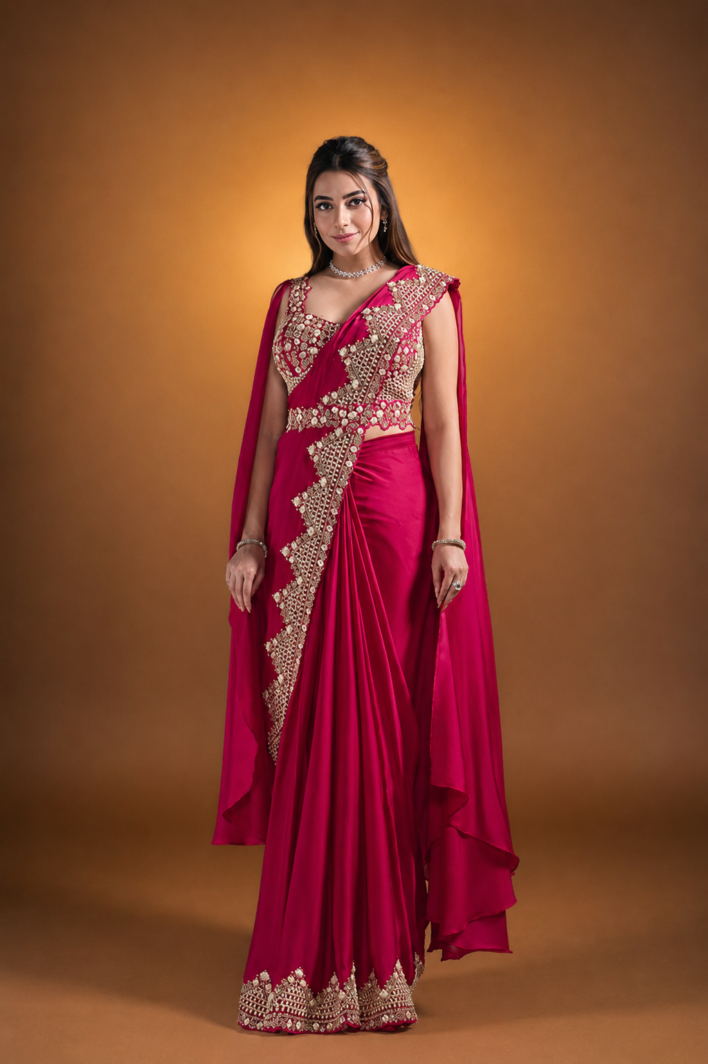 MAYRAKE Deep Rani Pink Ready-to-Wear Crepe Satin Silk Saree with Sequins & Moti Work