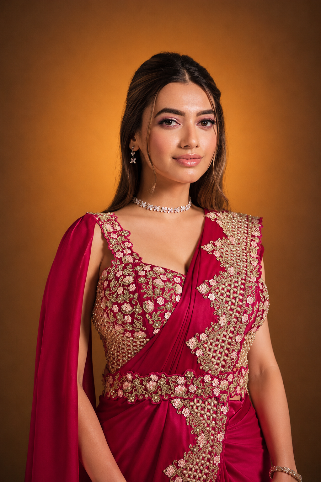 MAYRAKE Deep Rani Pink Ready-to-Wear Crepe Satin Silk Saree with Sequins & Moti Work