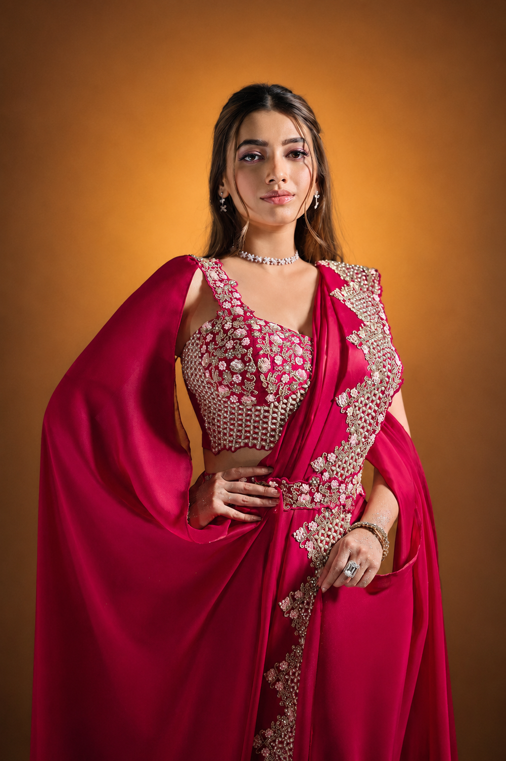 MAYRAKE Deep Rani Pink Ready-to-Wear Crepe Satin Silk Saree with Sequins & Moti Work