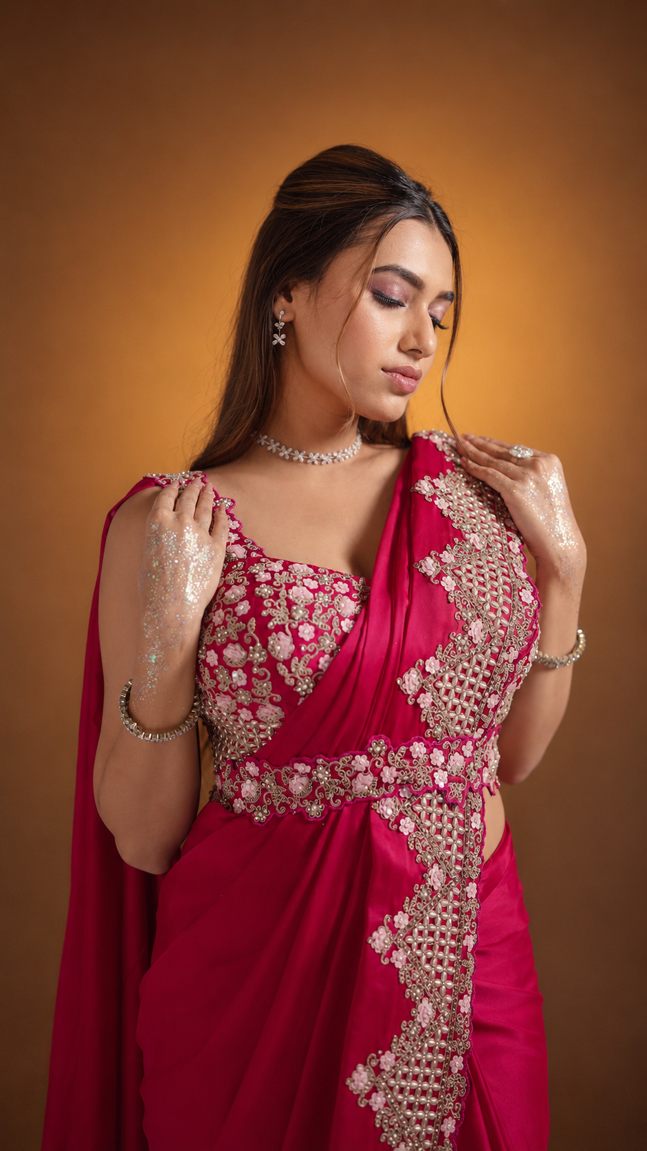 MAYRAKE Deep Rani Pink Ready-to-Wear Crepe Satin Silk Saree with Sequins & Moti Work