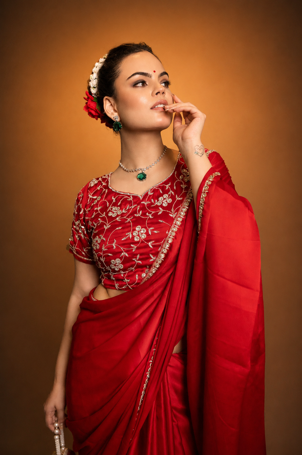 Red Satin Saree with Swarovski Stones