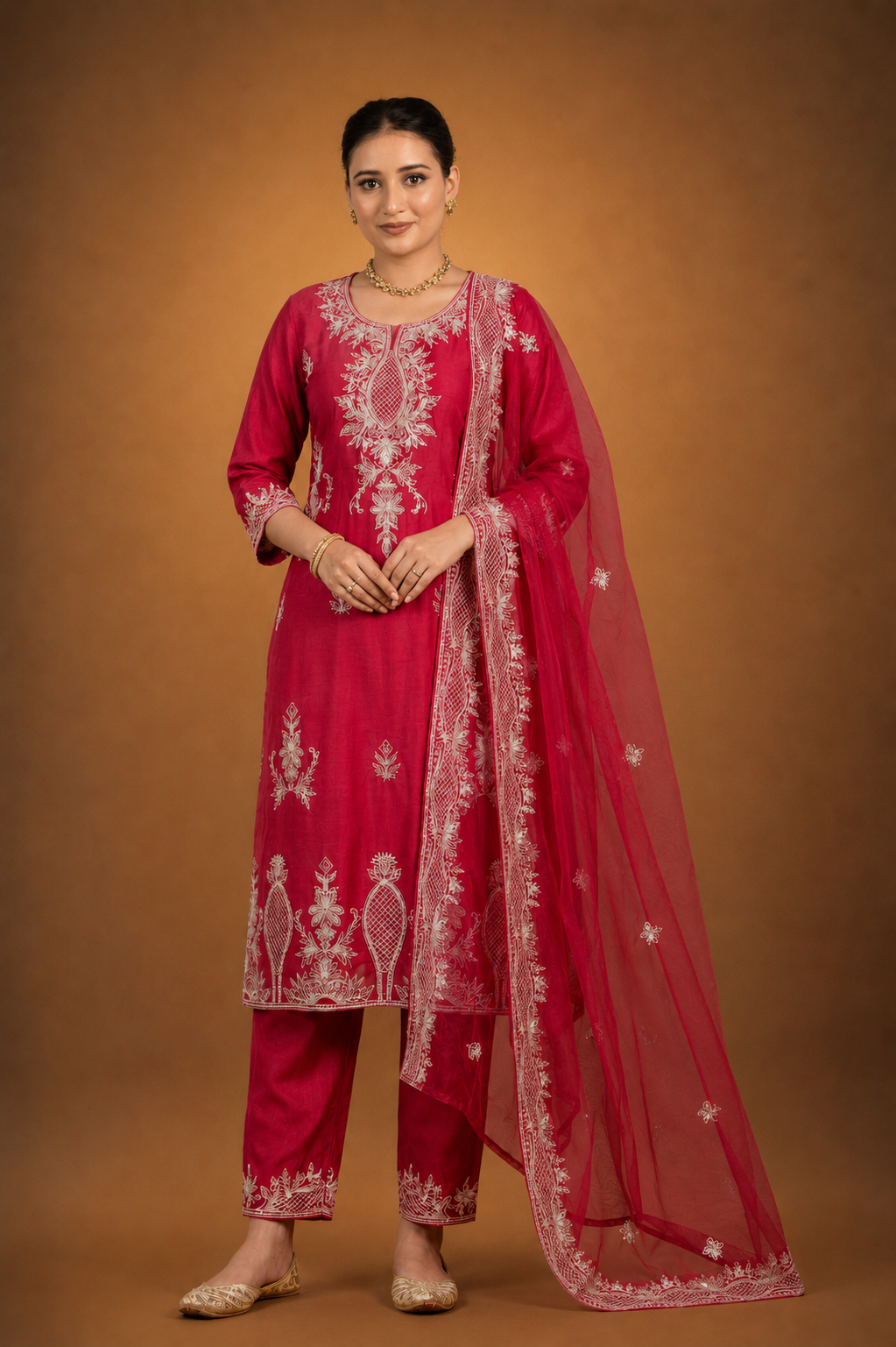 Red Silk Kurta Set with White Lucknowi Embroidery & Intricate Thread Work