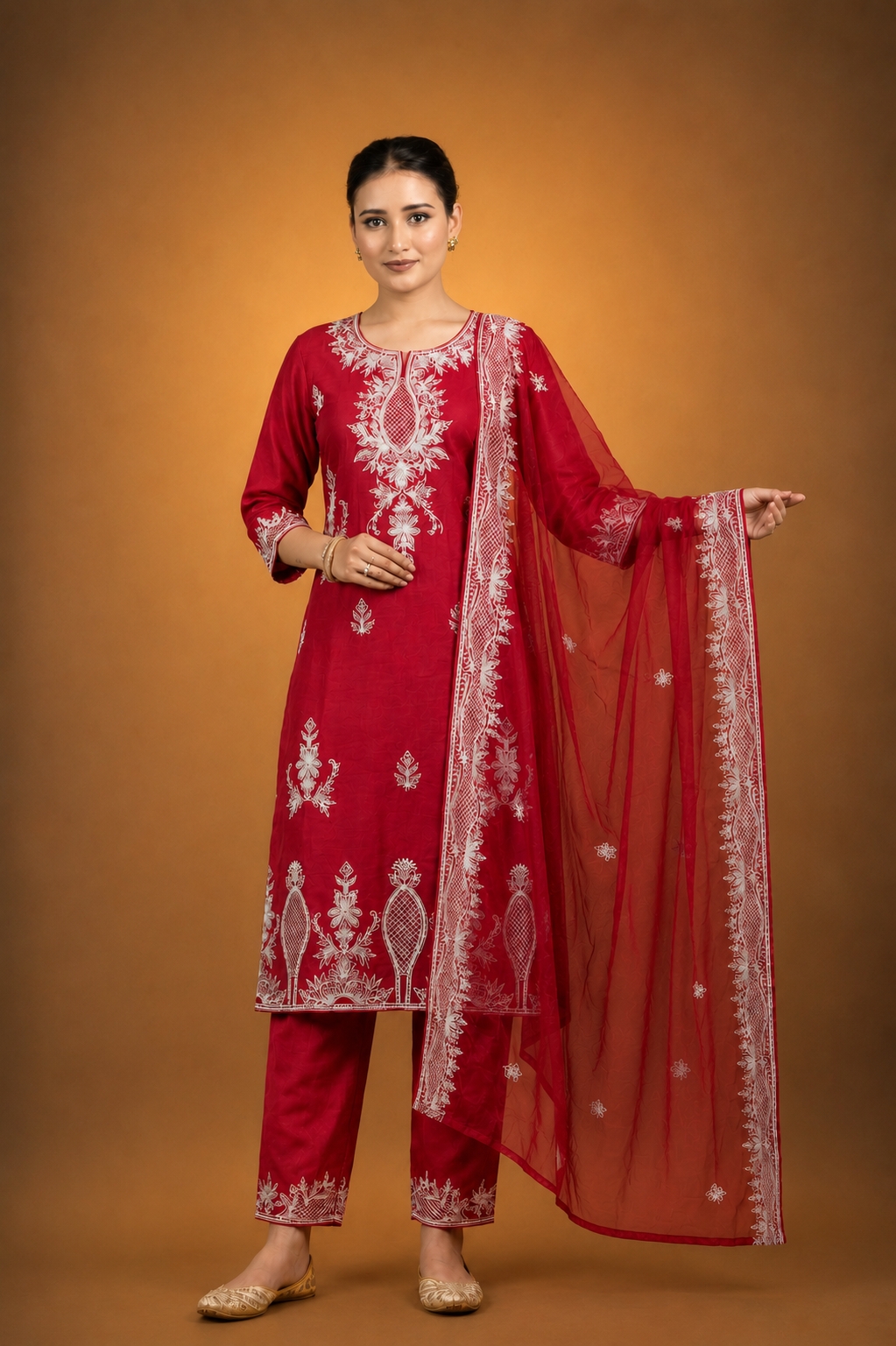 Red Silk Kurta Set with White Lucknowi Embroidery & Intricate Thread Work