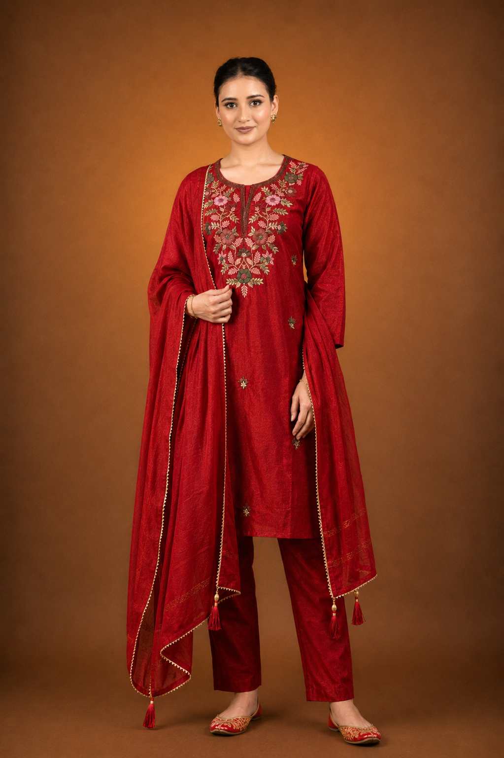 Crimson Silk Kurta Set with Multicolor Floral Embroidery & Thread Work Detailing