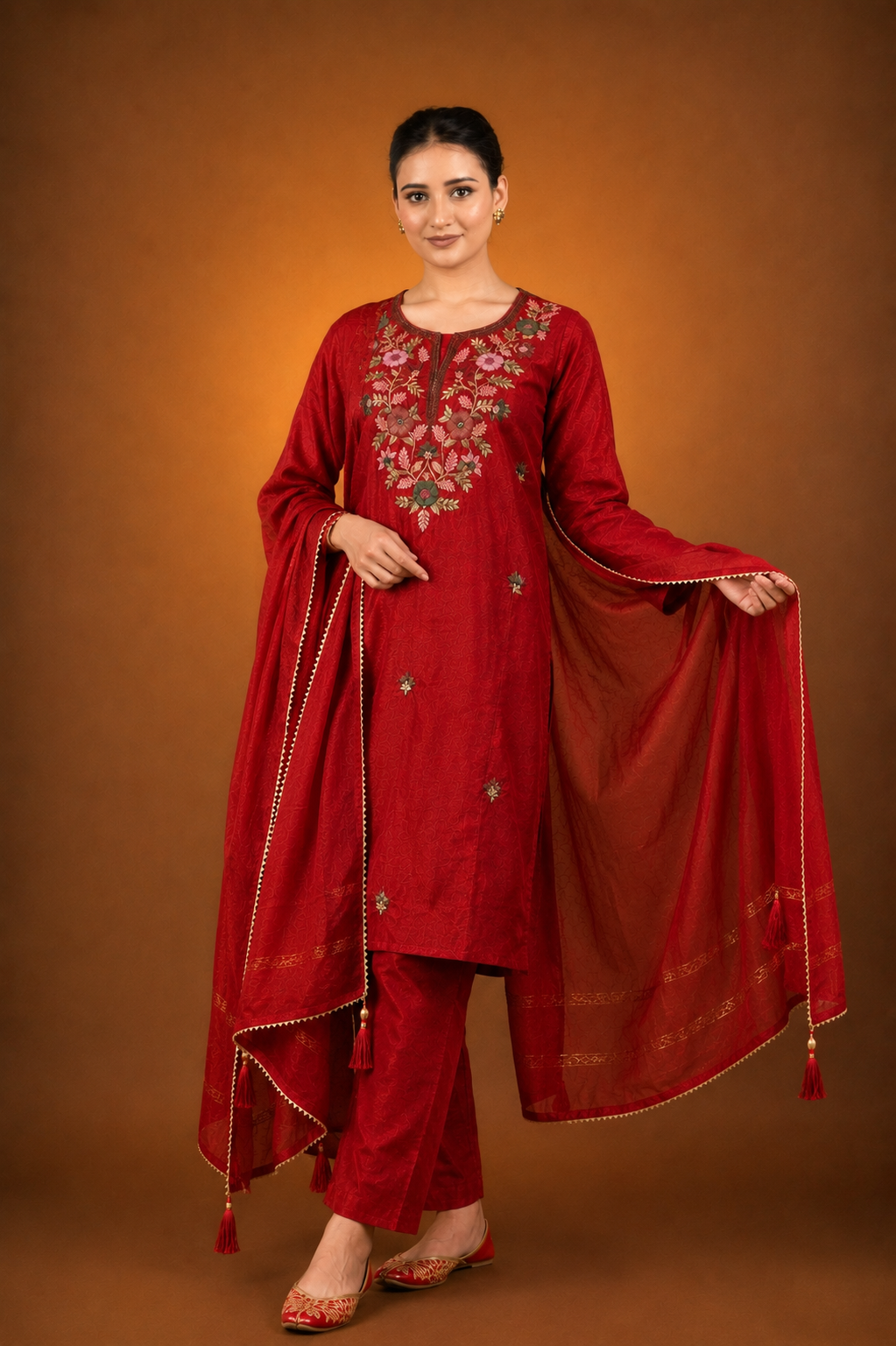 Crimson Silk Kurta Set with Multicolor Floral Embroidery & Thread Work Detailing