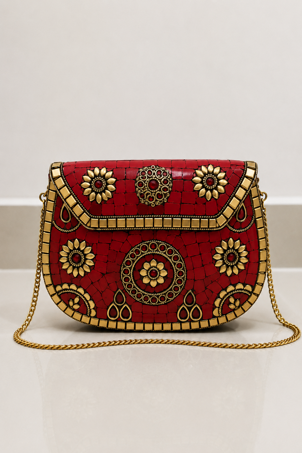 Red Clutch with Handcrafted Golden Floral Mosaic