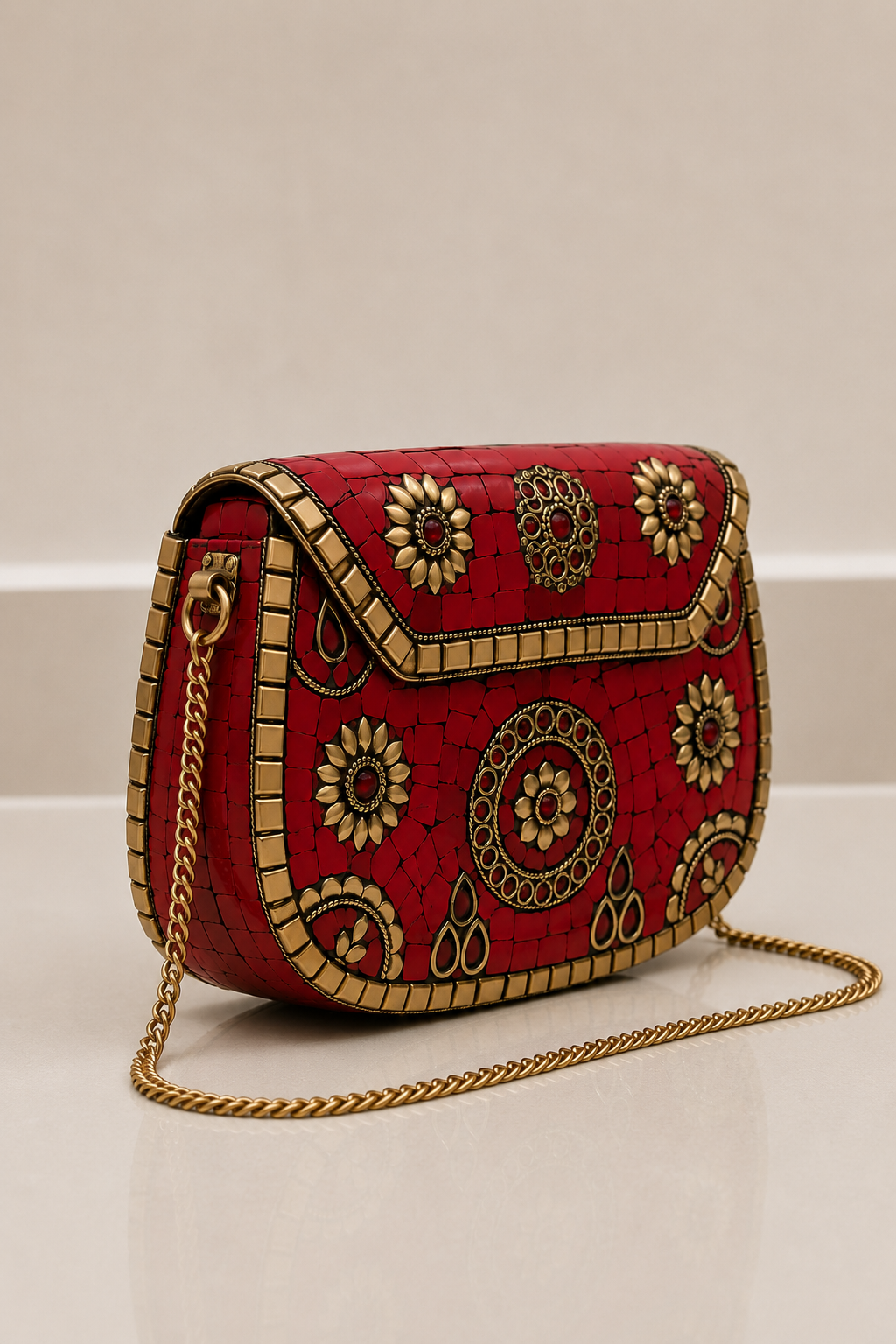 Red Clutch with Handcrafted Golden Floral Mosaic