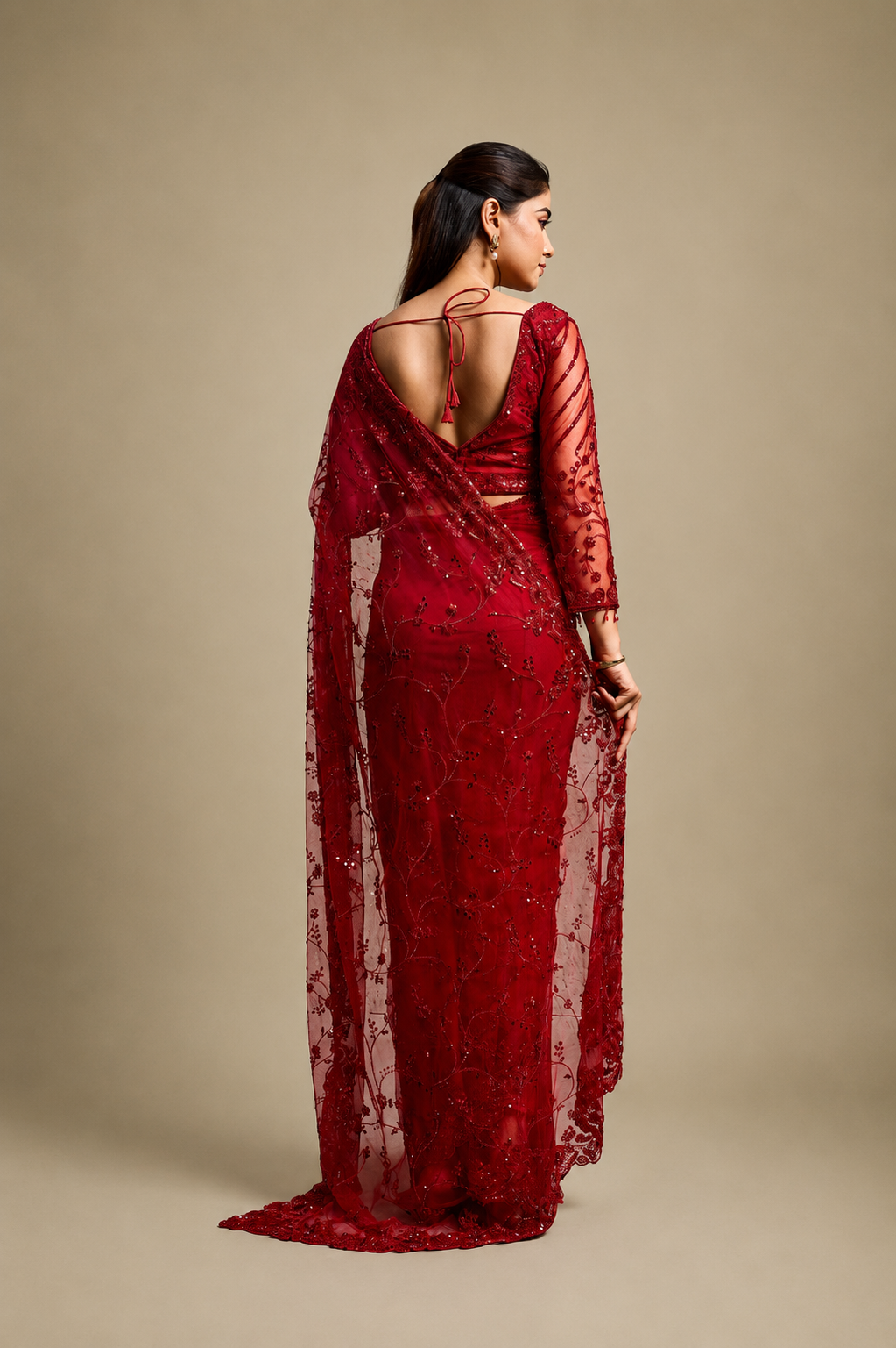 Red Net Saree With Sequin Hand Embroidery with Stitched Blouse
