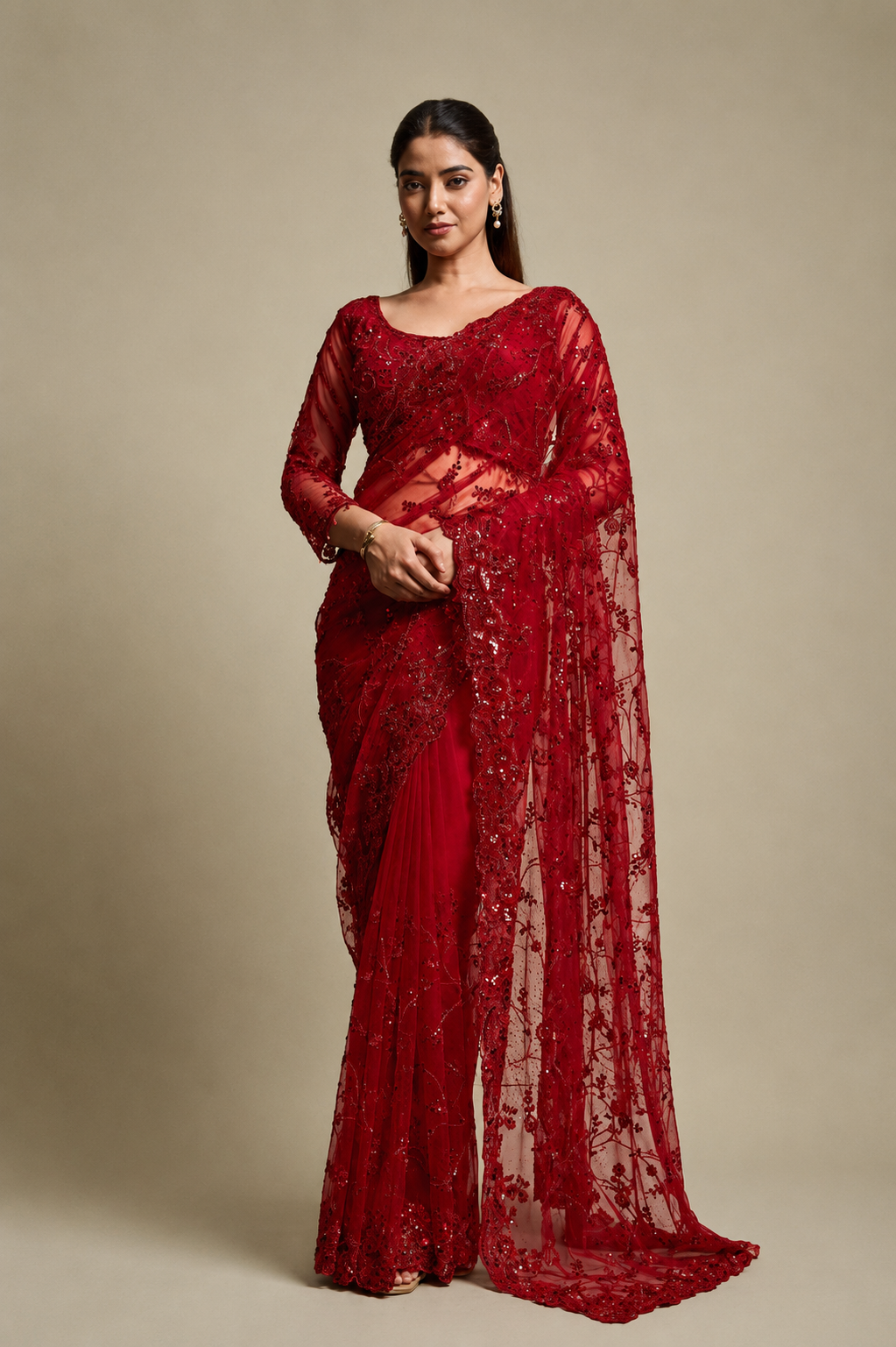 Red Net Saree With Sequin Hand Embroidery with Stitched Blouse
