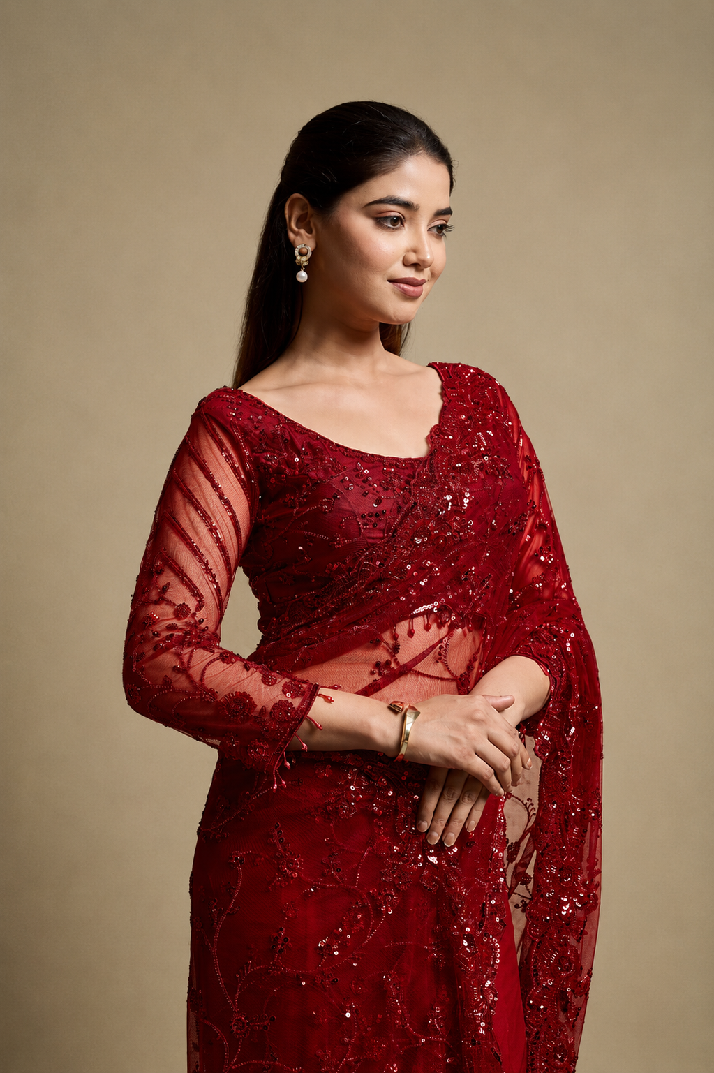 Red Net Saree With Sequin Hand Embroidery with Stitched Blouse