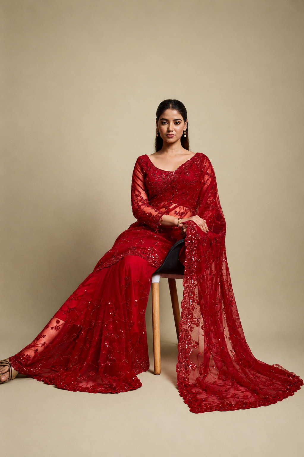 Red Net Saree With Sequin Hand Embroidery with Stitched Blouse