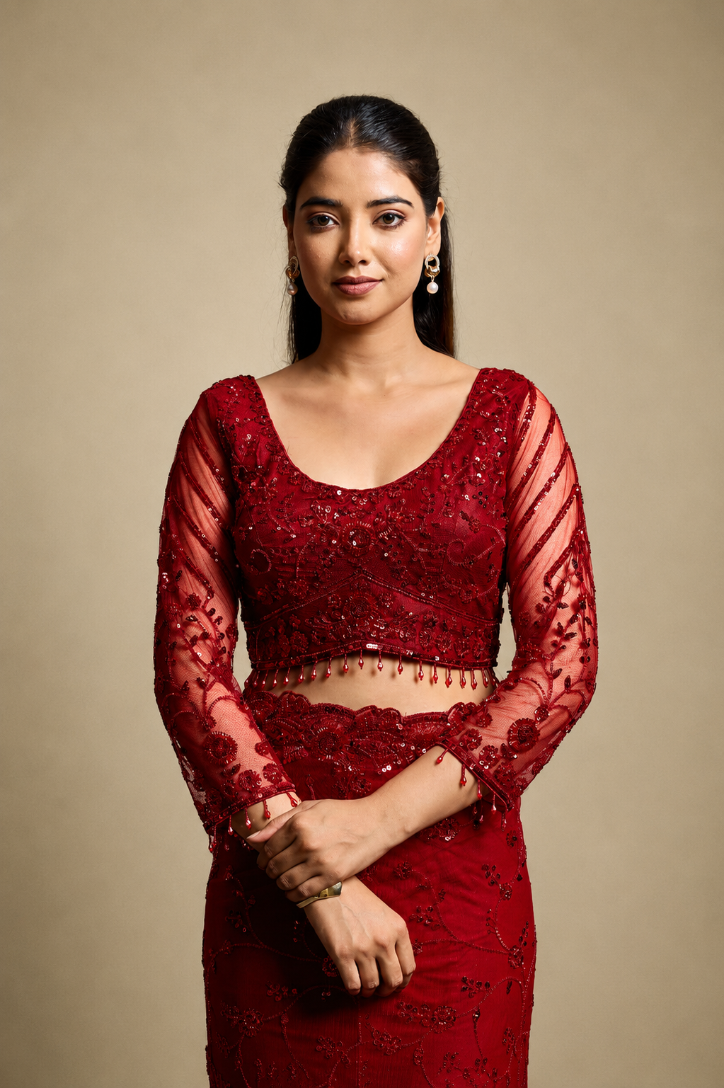 Red Net Saree With Sequin Hand Embroidery with Stitched Blouse