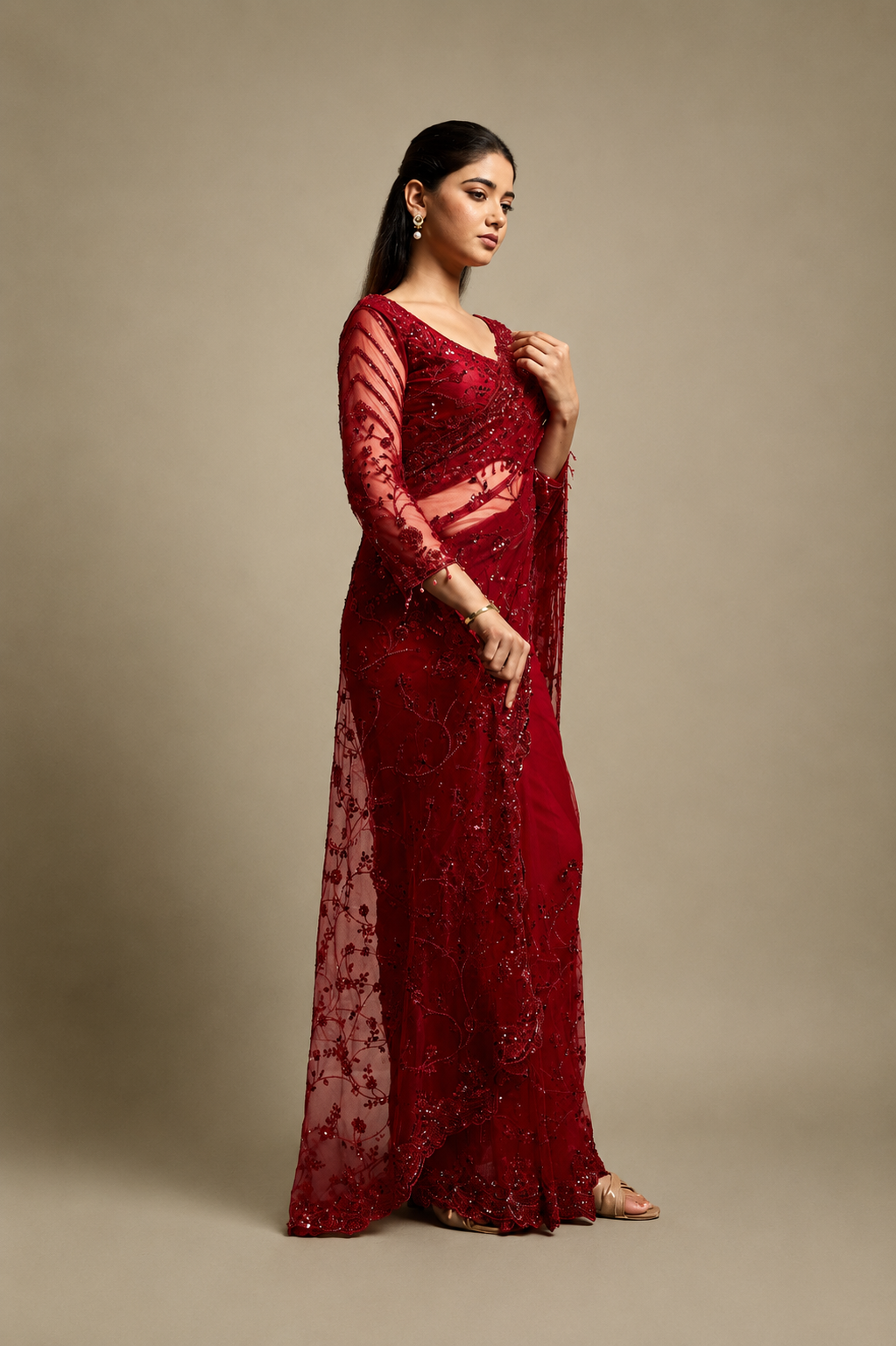 Red Net Saree With Sequin Hand Embroidery with Stitched Blouse