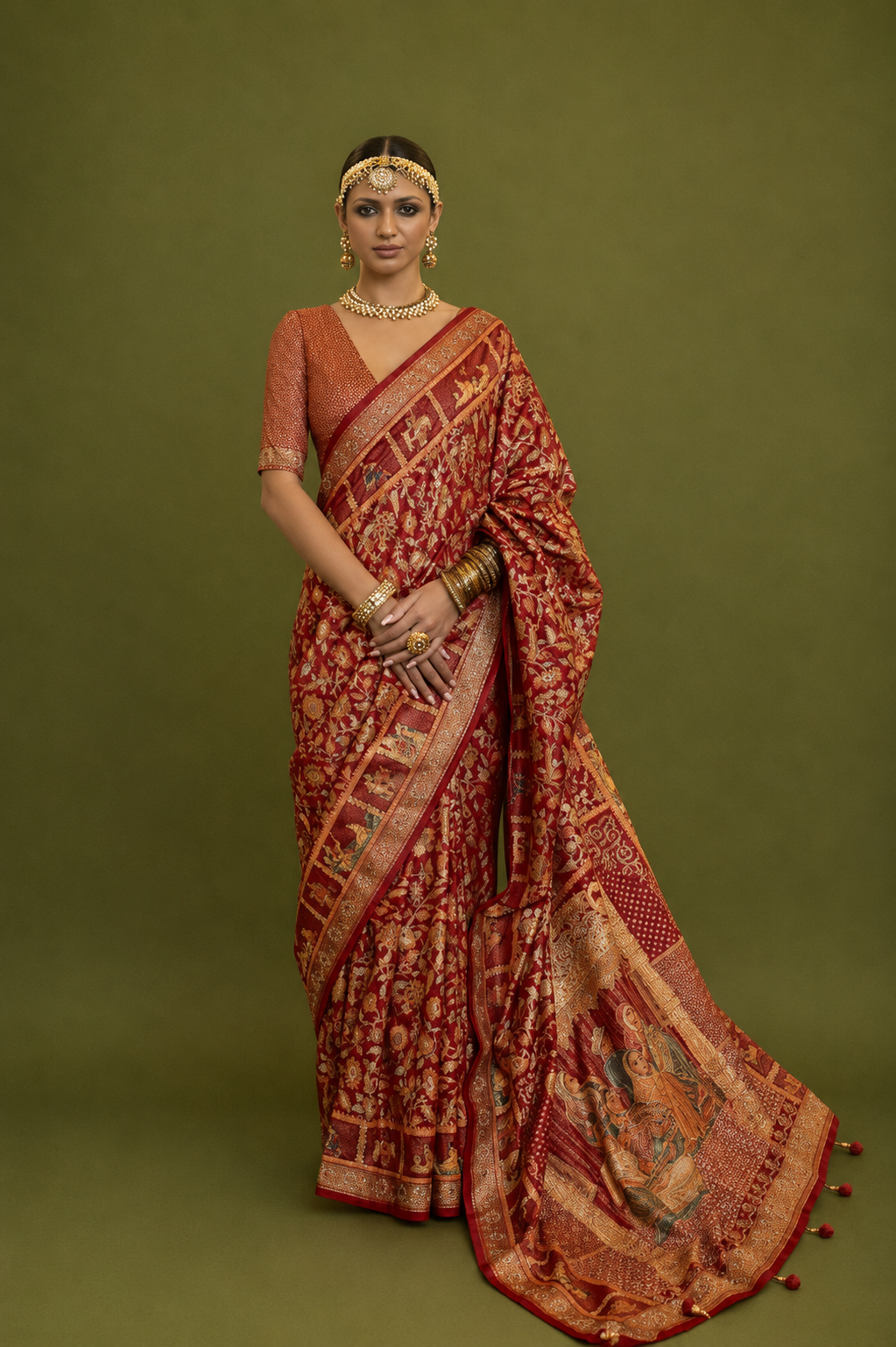 Plum Red Raw Silk Saree with Ethnic Heritage Prints