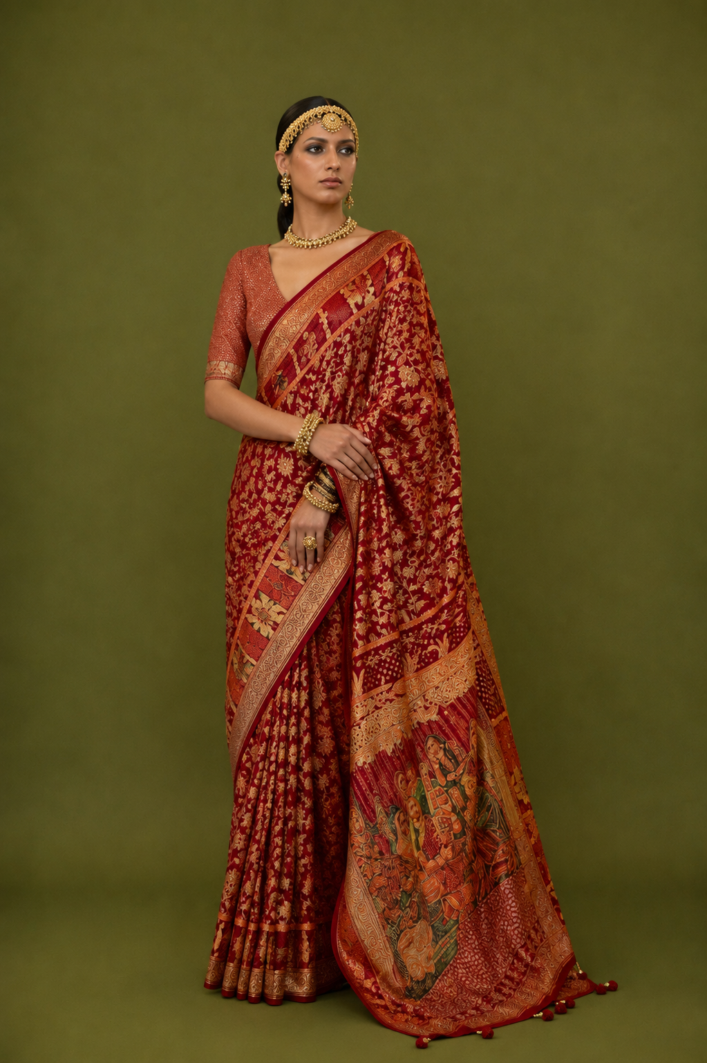 Plum Red Raw Silk Saree with Ethnic Heritage Prints