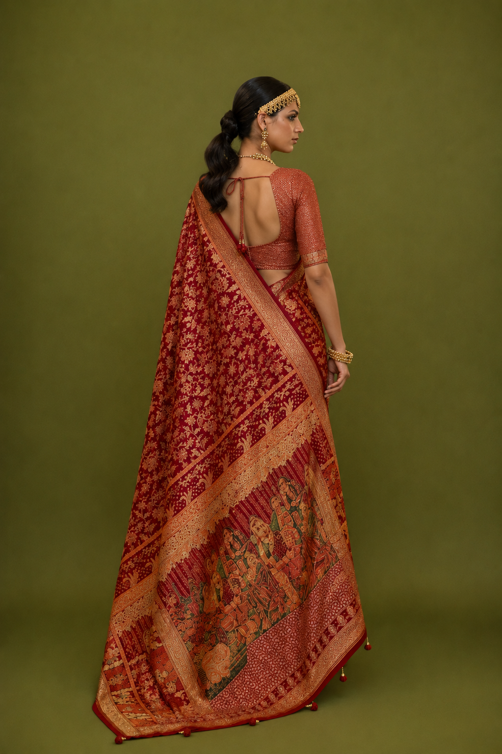 Plum Red Raw Silk Saree with Ethnic Heritage Prints