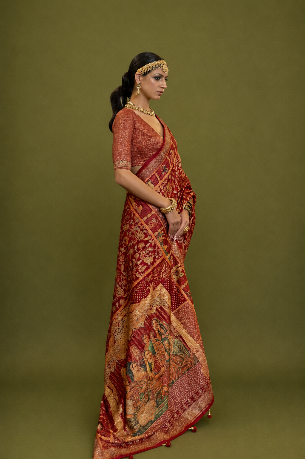 Plum Red Raw Silk Saree with Ethnic Heritage Prints