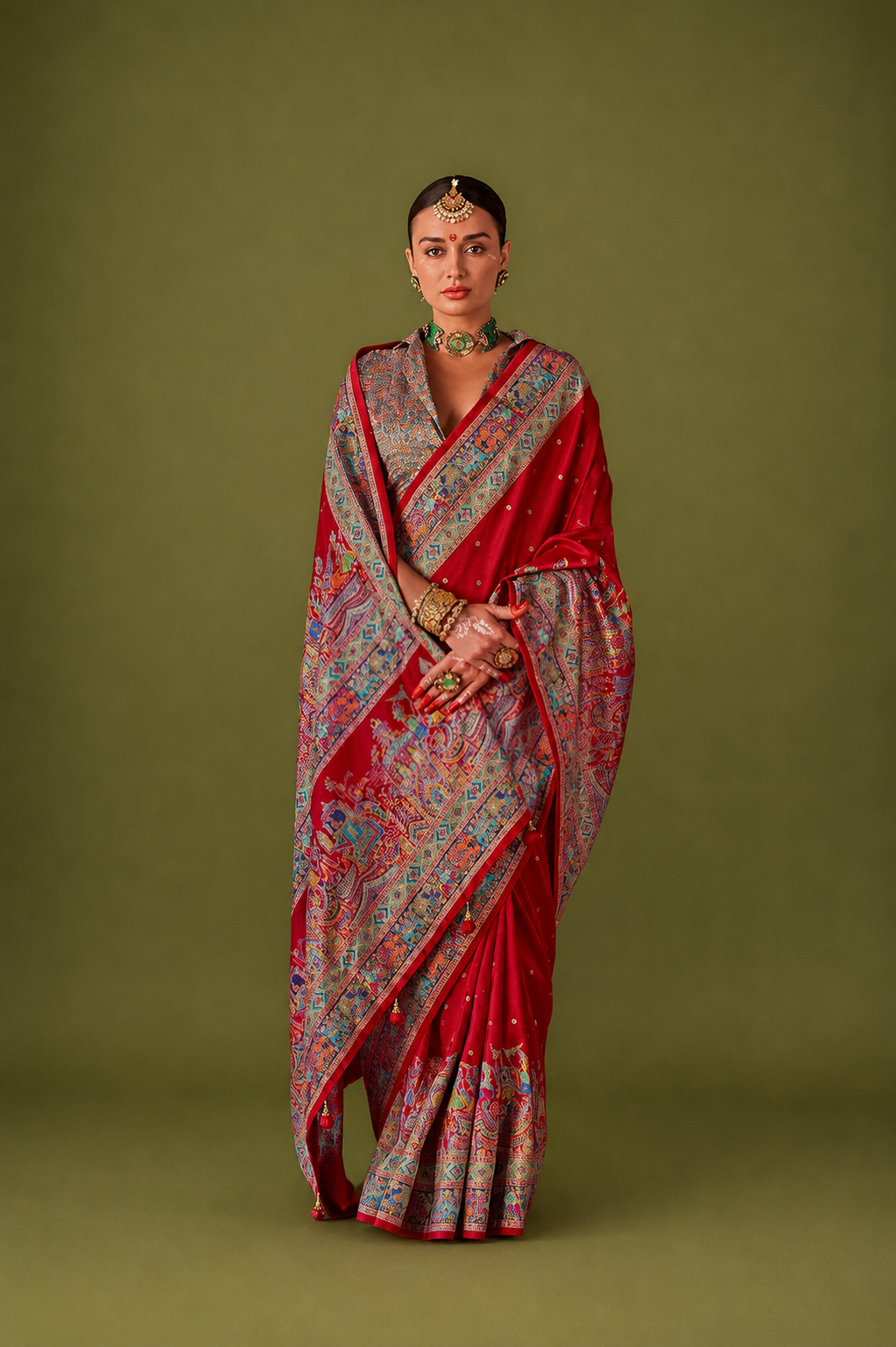 Cherry Red Raw Silk Saree with Heritage Prints