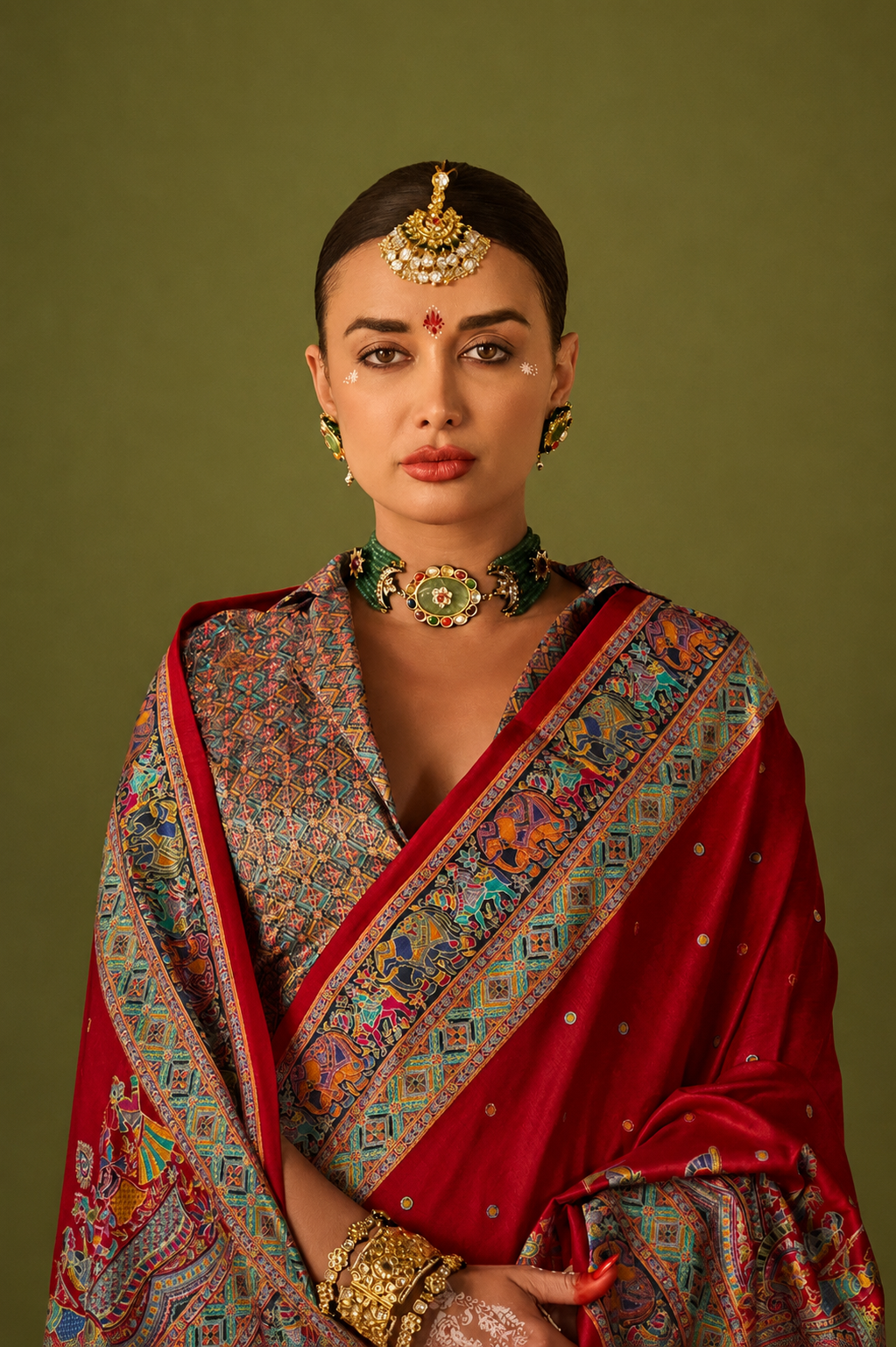 Cherry Red Raw Silk Saree with Heritage Prints
