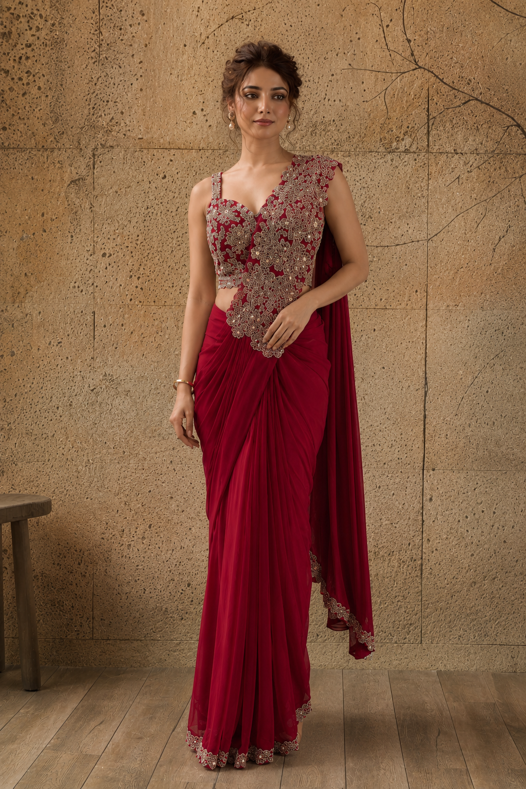 Wine Red Lycra Pre-Draped Saree with Floral Embroidered Ready To Wear Blouse
