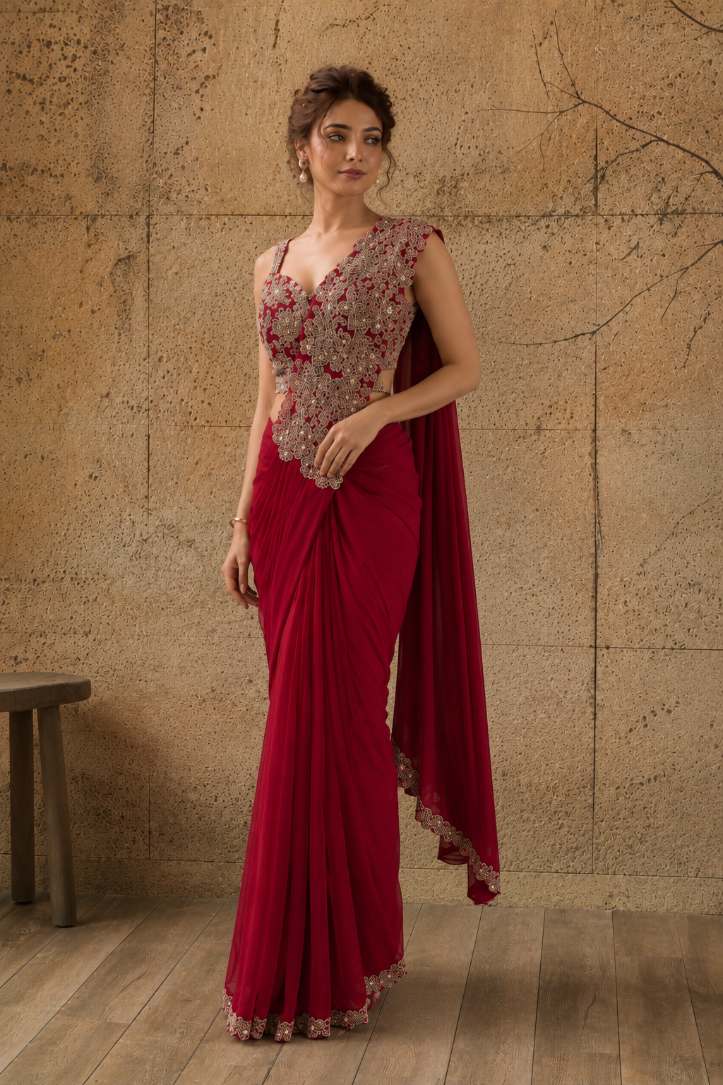 Wine Red Lycra Pre-Draped Saree with Floral Embroidered Ready To Wear Blouse