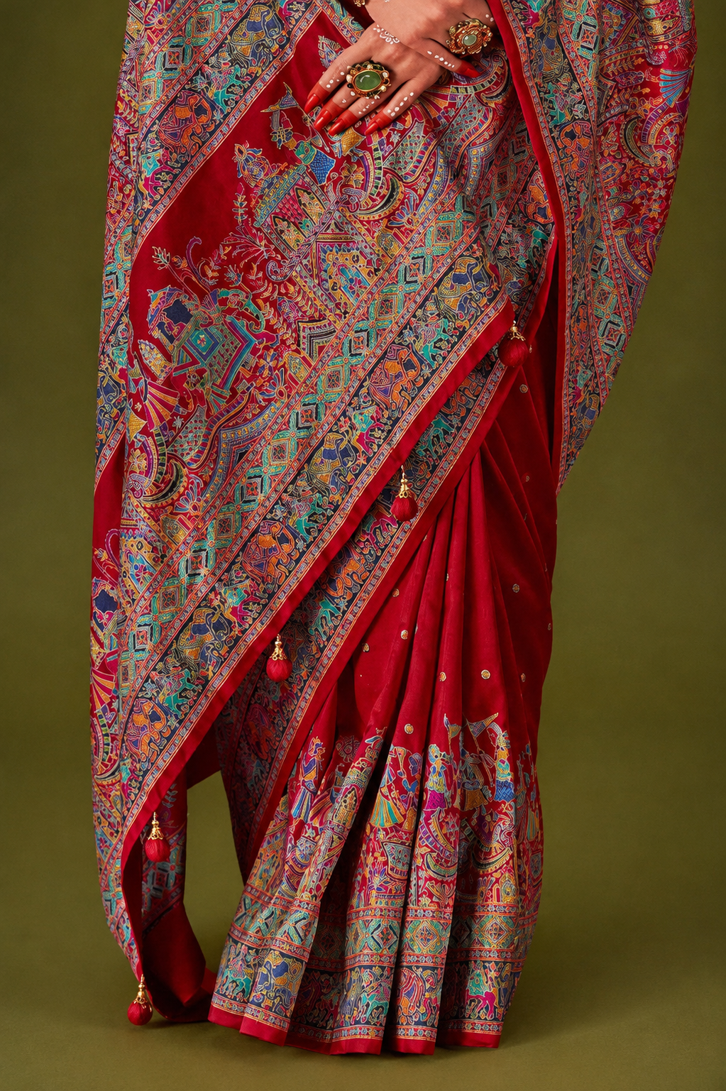 Cherry Red Raw Silk Saree with Heritage Prints