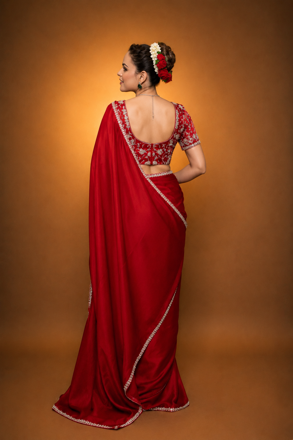 Red Satin Saree with Swarovski Stones
