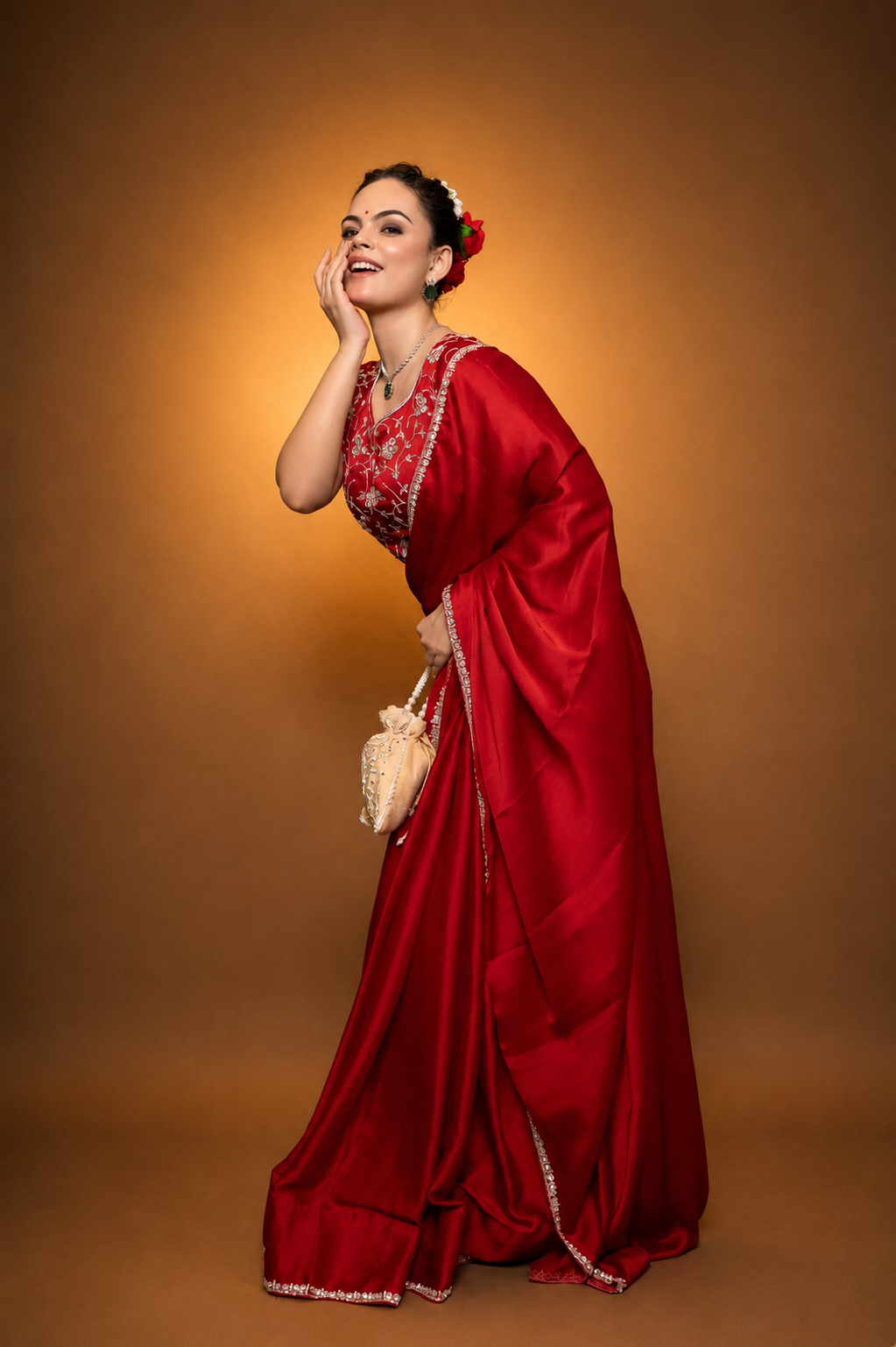 Red Satin Saree with Swarovski Stones