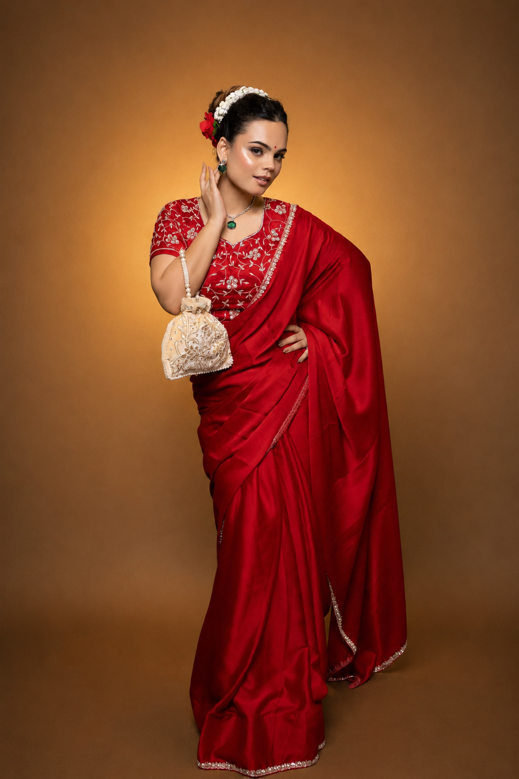 Red Satin Saree with Swarovski Stones