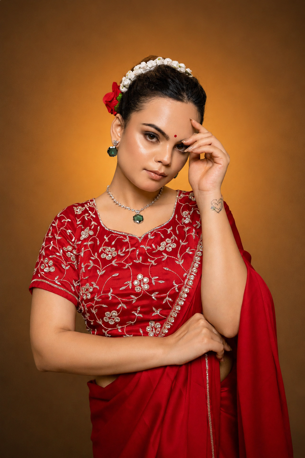 Red Satin Saree with Swarovski Stones