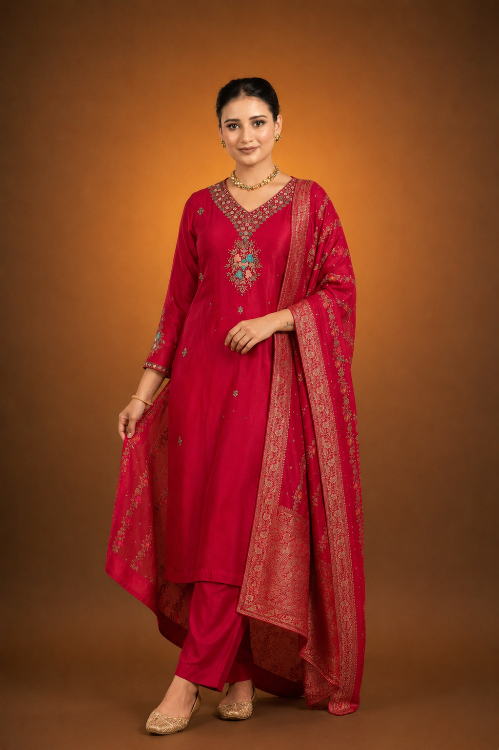 Red Crepe Silk Straight Kurta with Straight Pant and Zardosi Work