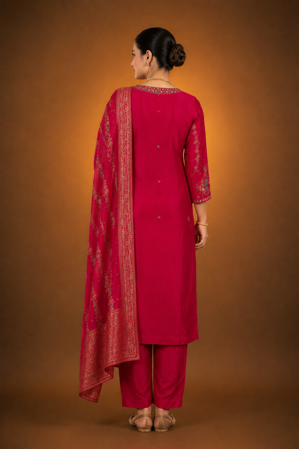 Red Crepe Silk Straight Kurta with Straight Pant and Zardosi Work
