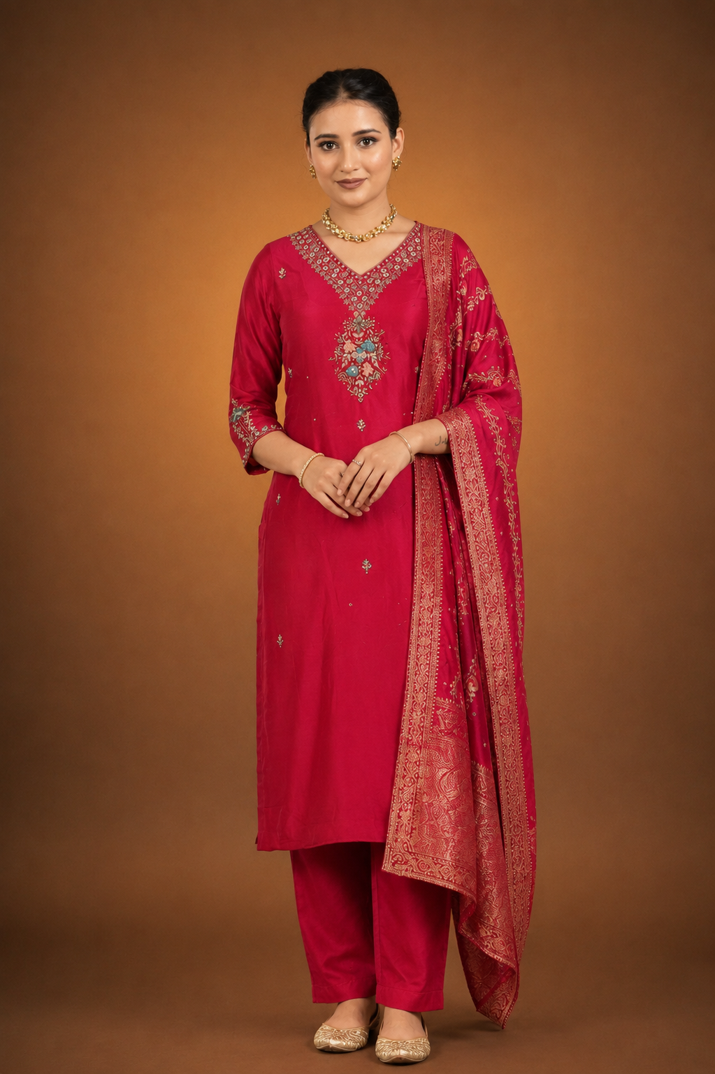 Red Crepe Silk Straight Kurta with Straight Pant and Zardosi Work