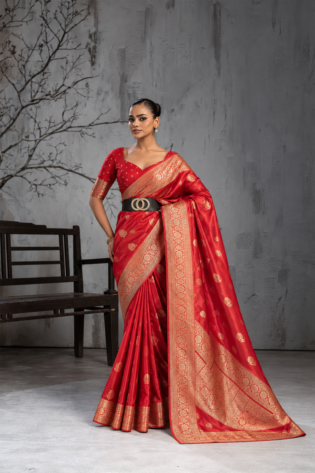 Red Sattin Mungha Silk Saree with banarasi border
