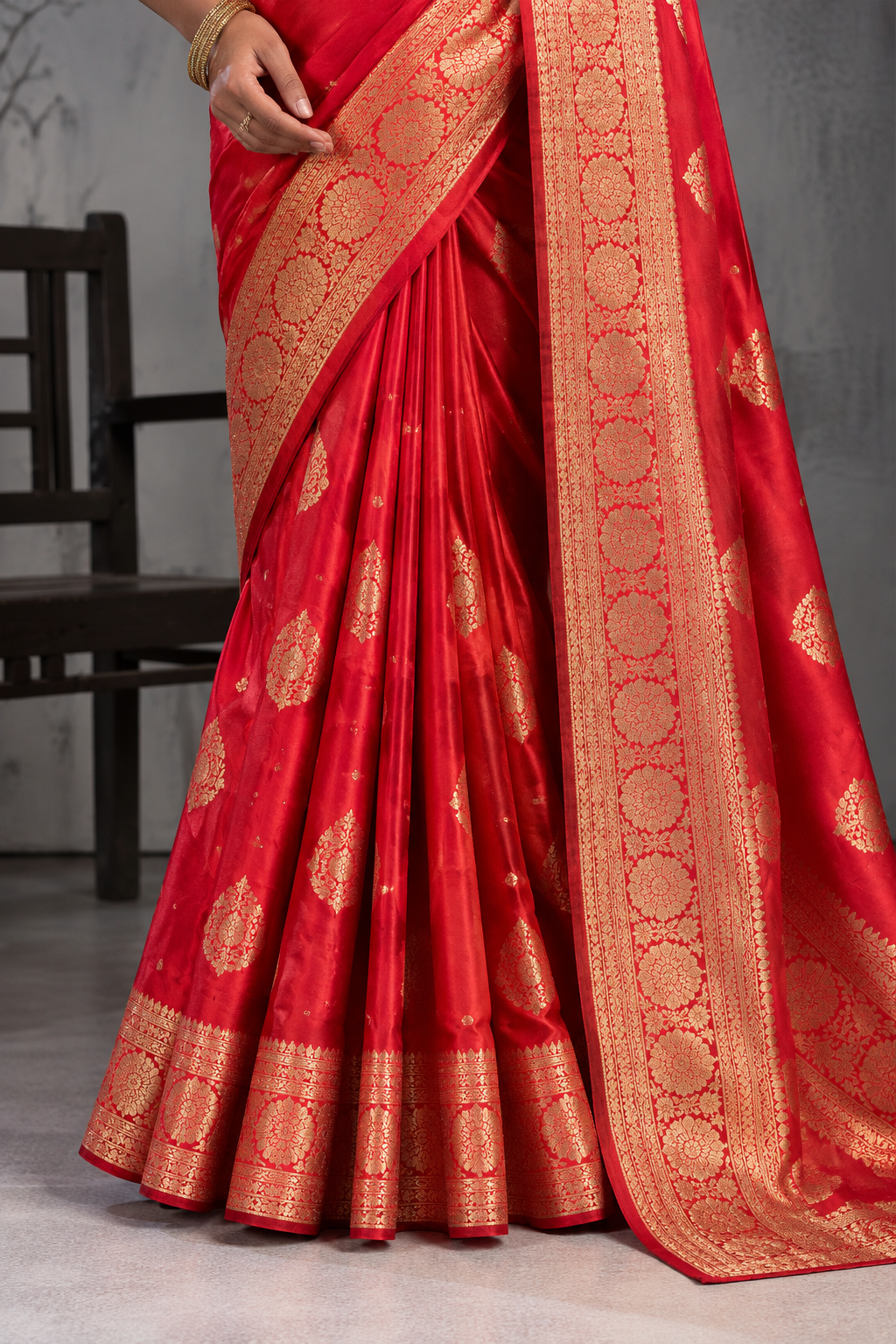 Red Sattin Mungha Silk Saree with banarasi border