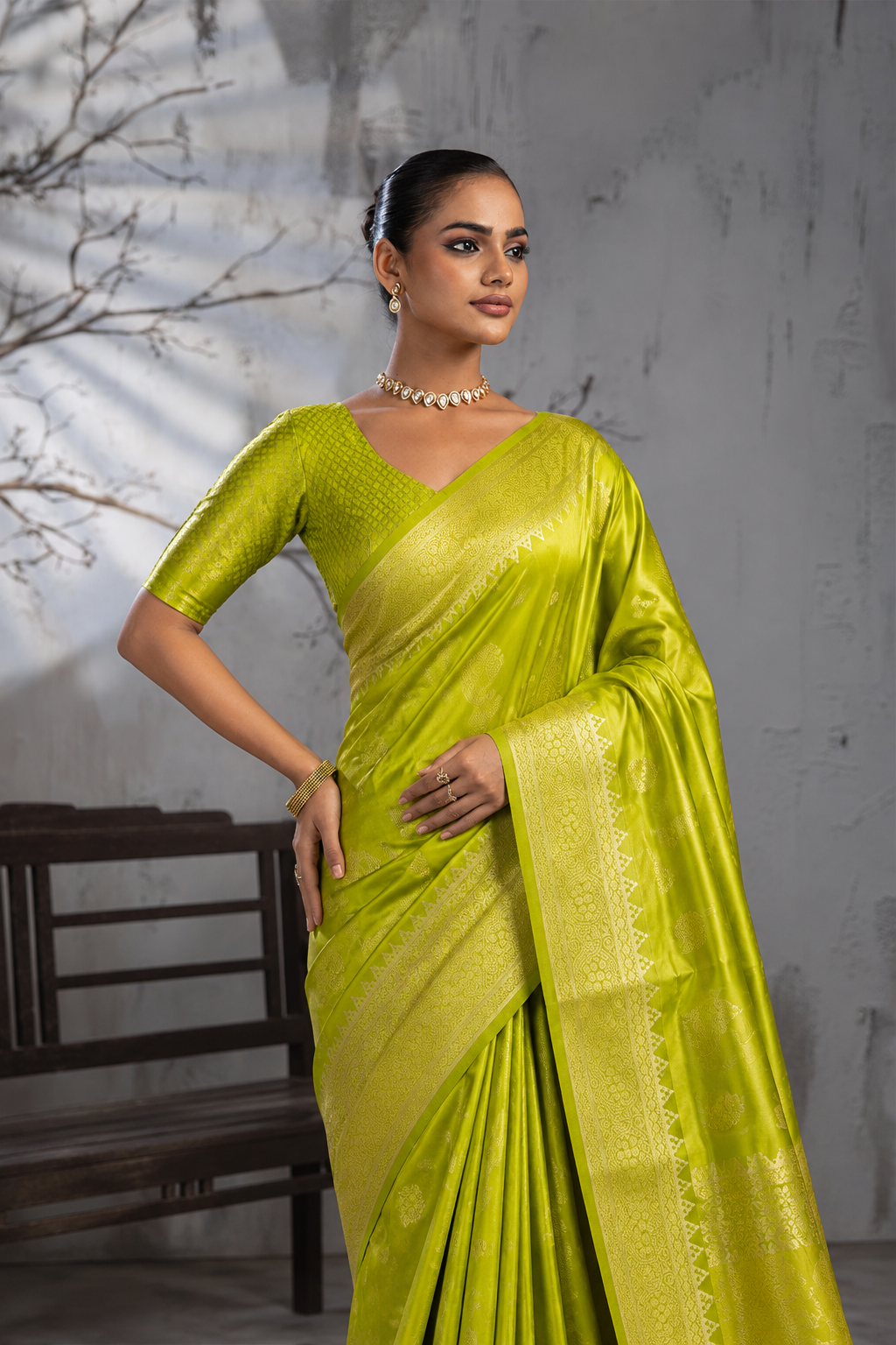 Mehandi Green Sattin Mungha Silk Saree with banarasi border