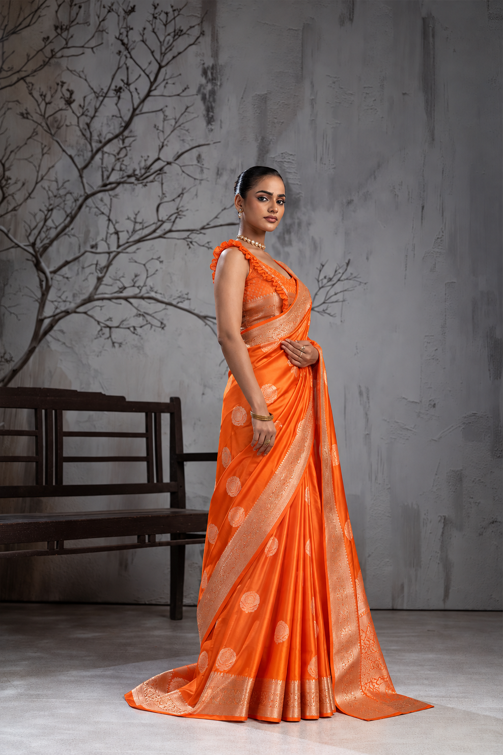 Orange Sattin Mungha Silk Saree with banarasi border